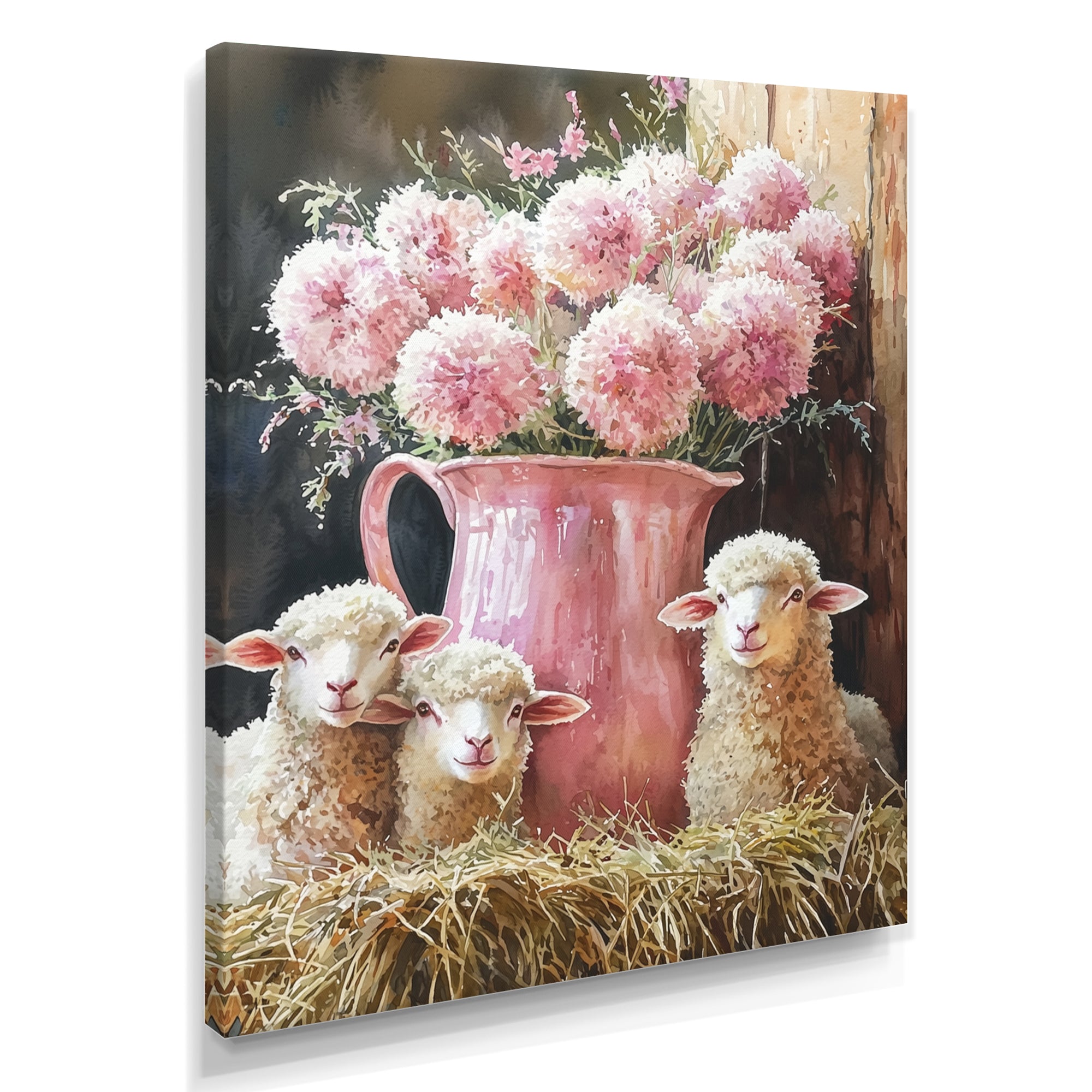 Pink Floral Sheep Portrait At The Barn - Sheep Framed Canvas Art