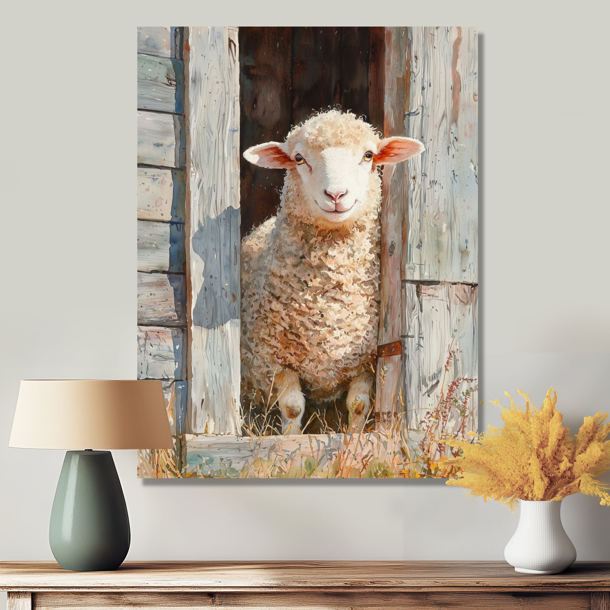 Sheep Portrait At The Barn - Sheep Canvas Wall Art
