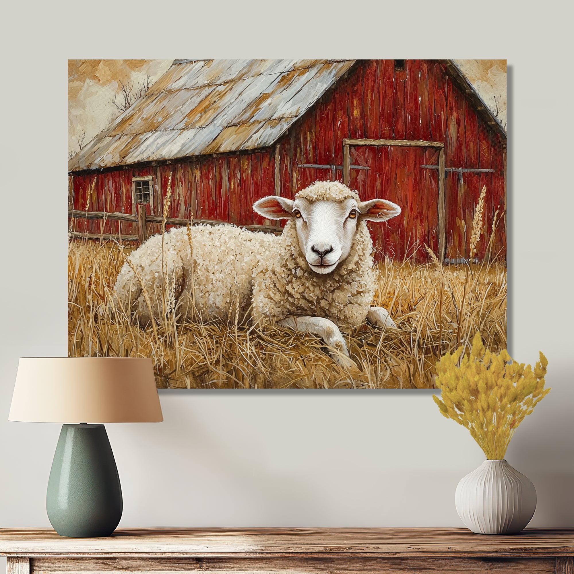 Sheep By The Old Red Farm - Sheep Wall Art Prints