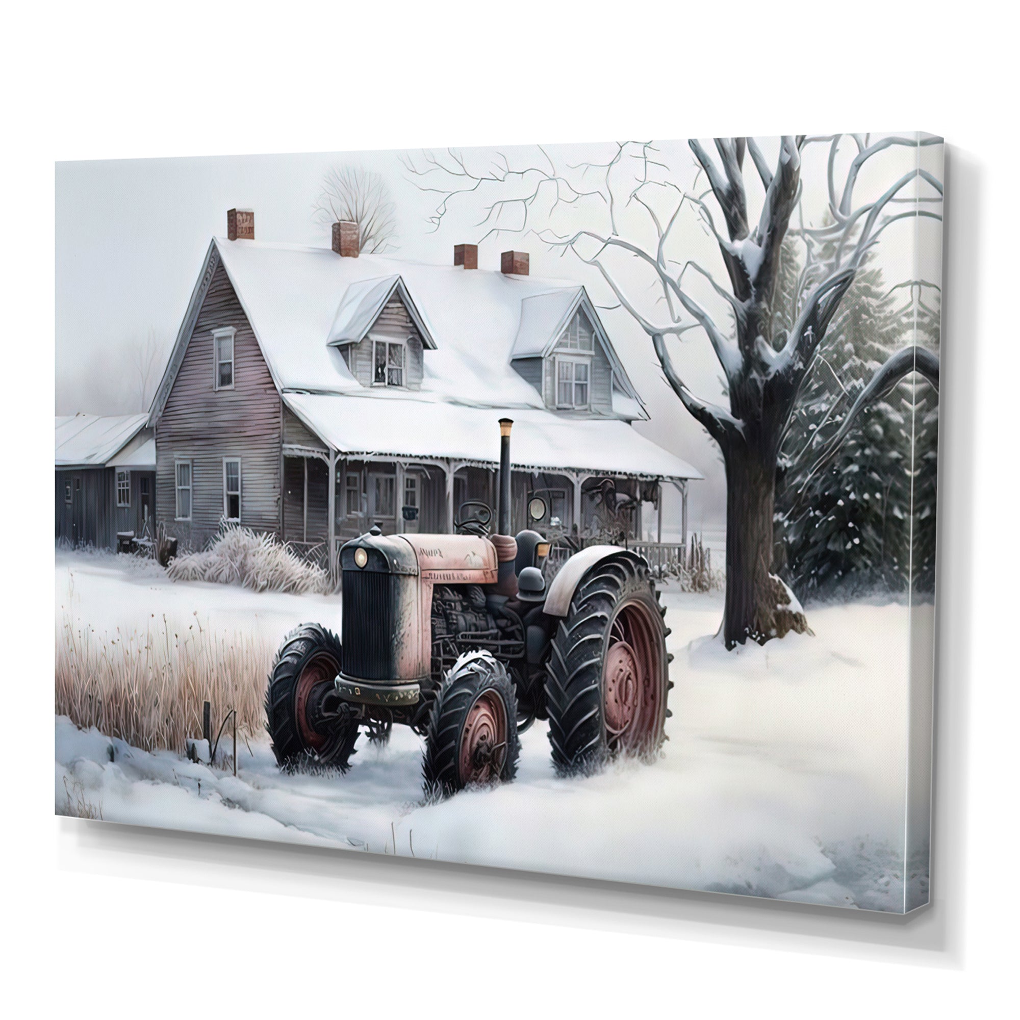 Tractor At The Barn In Winter I - Car Old American Canvas Wall Art