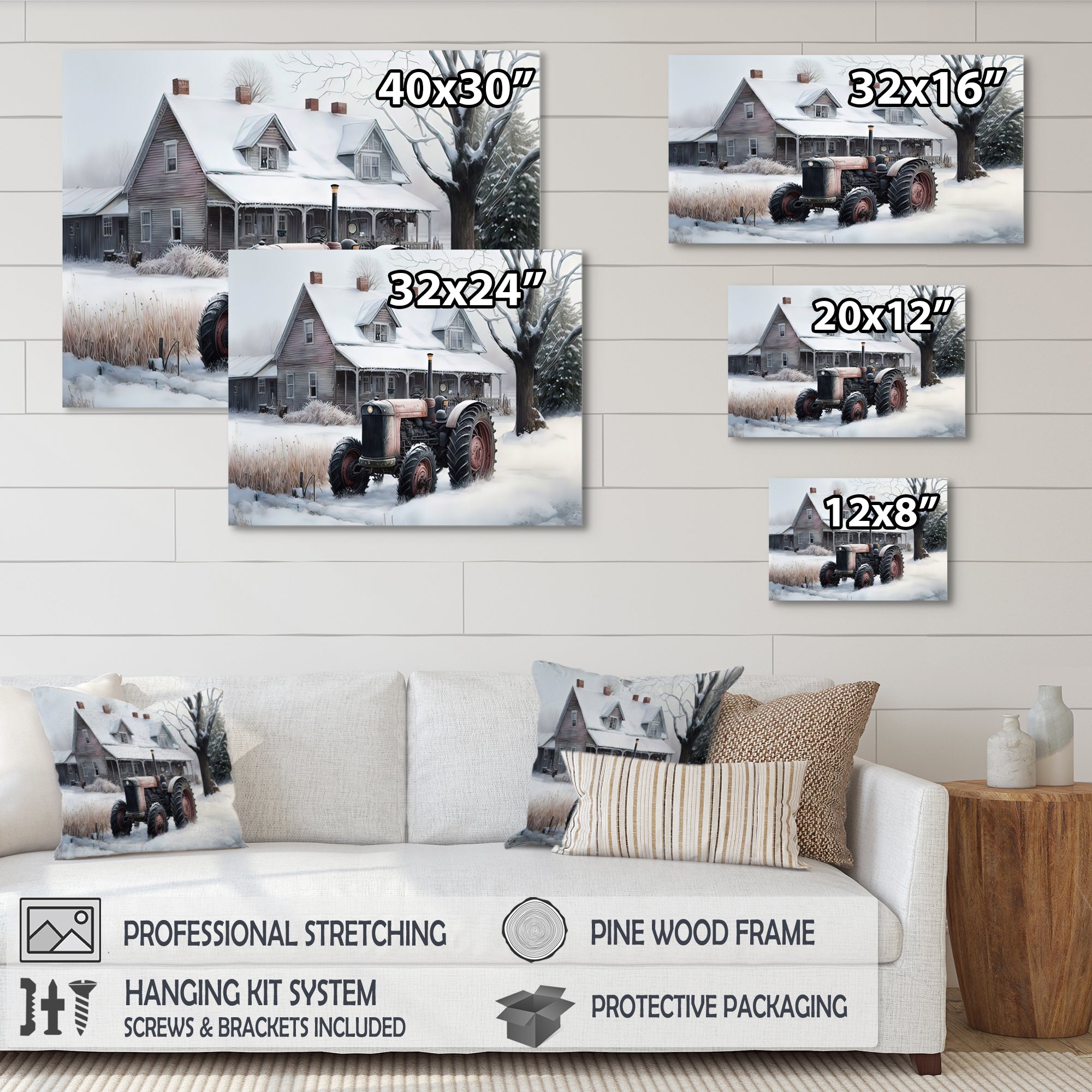 Tractor At The Barn In Winter I - Car Old American Canvas Wall Art