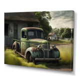 Green Old Truck At The Barn - Car Old American Canvas Wall Art