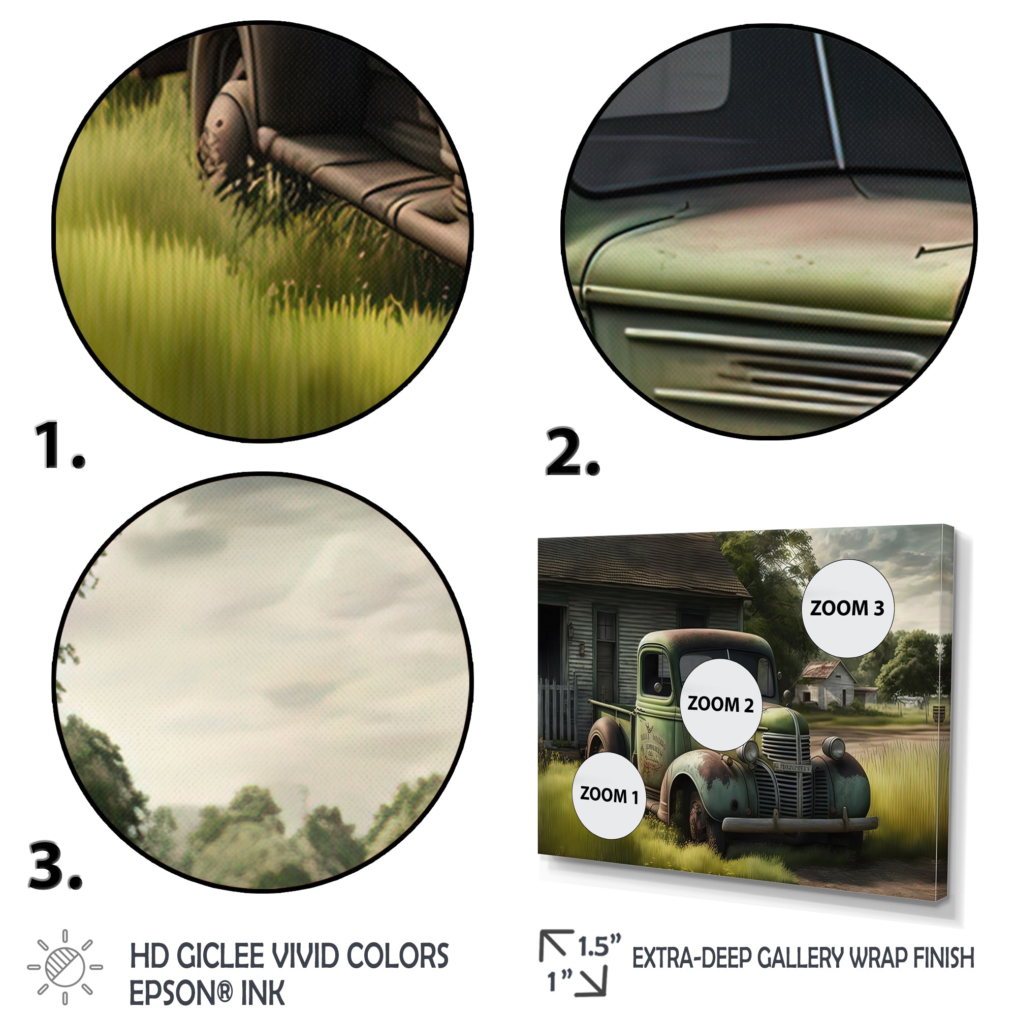 Green Old Truck At The Barn - Car Old American Canvas Wall Art