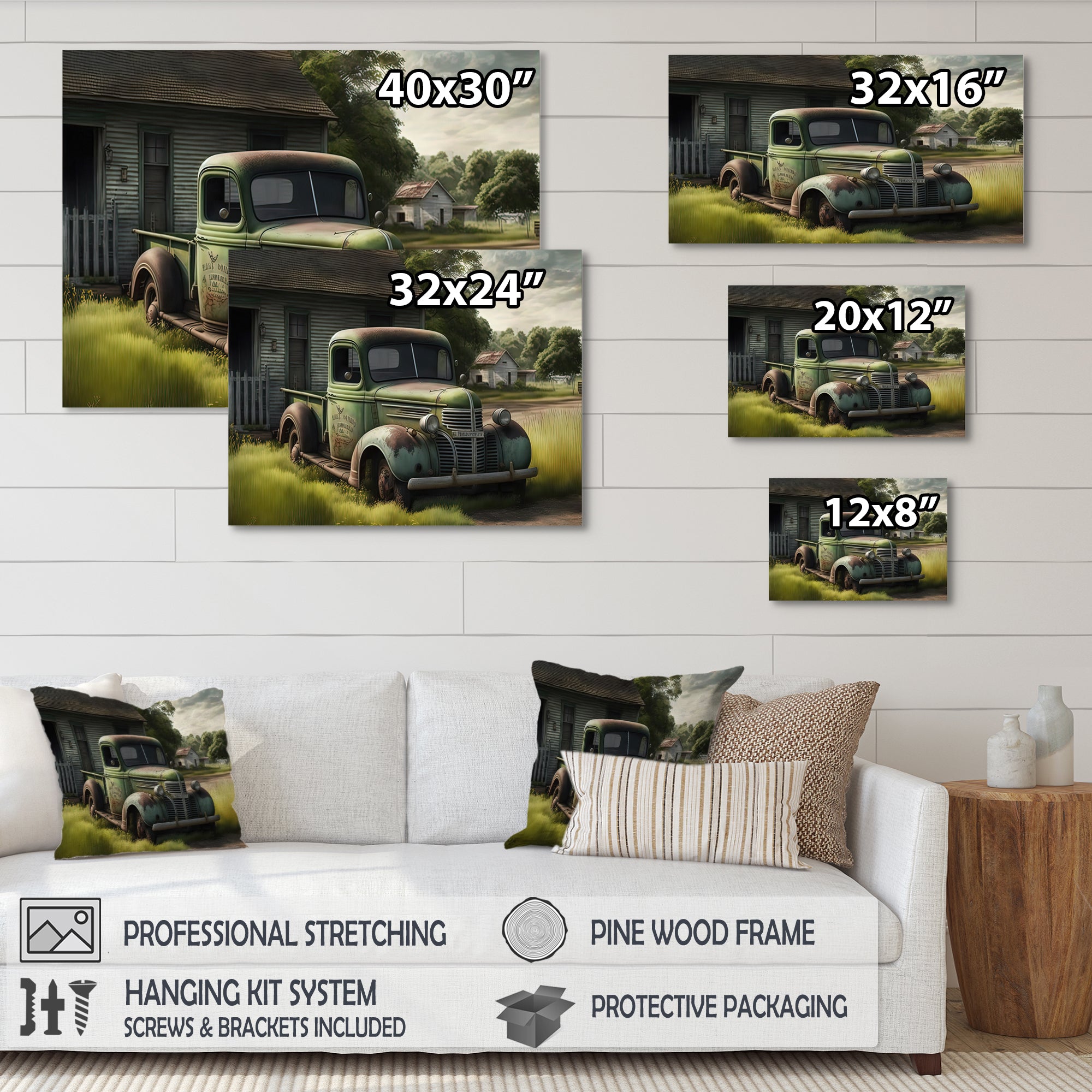 Green Old Truck At The Barn - Car Old American Canvas Wall Art