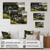 Green Old Truck At The Barn - Car Old American Canvas Wall Art
