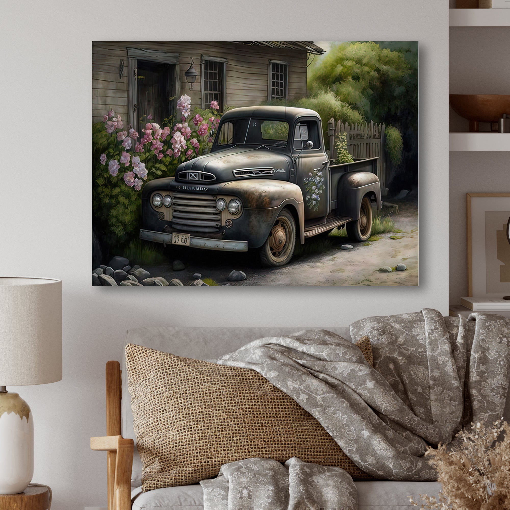 Vintage Car At The Barn - Car Old American Canvas Wall Art