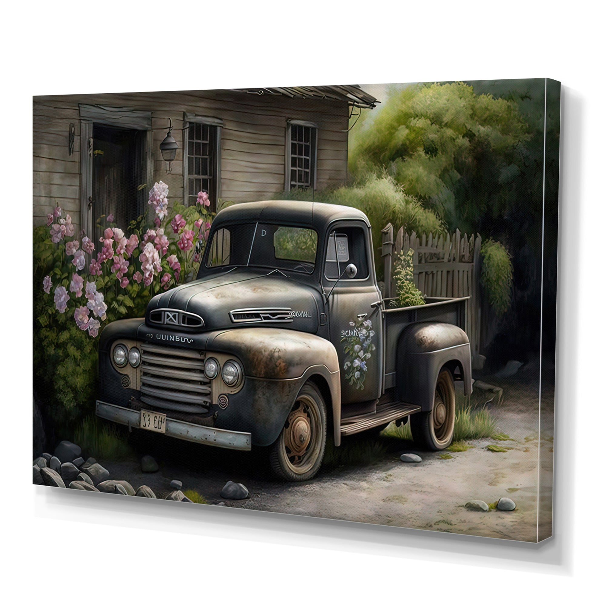 Vintage Car At The Barn - Car Old American Canvas Wall Art