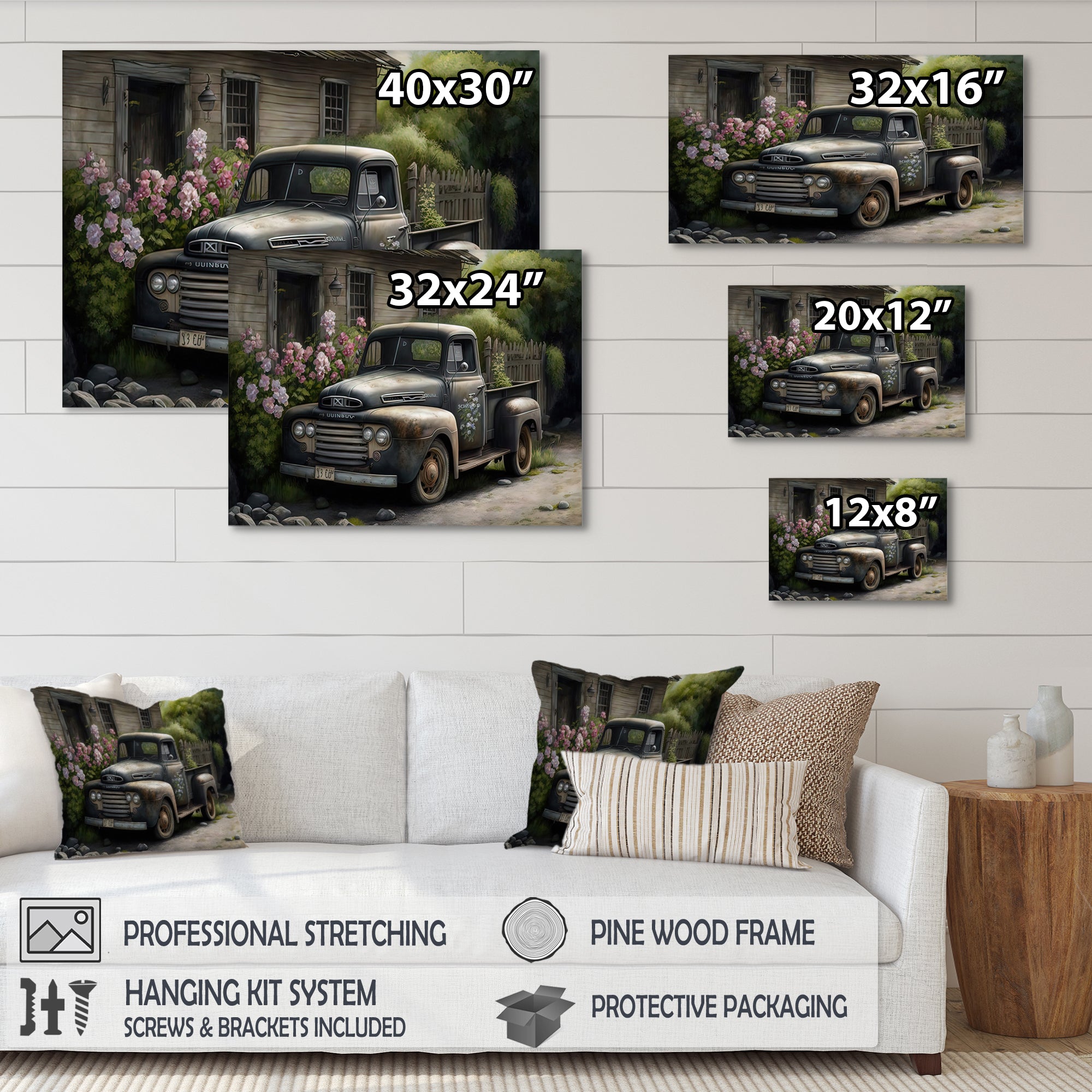 Vintage Car At The Barn - Car Old American Canvas Wall Art