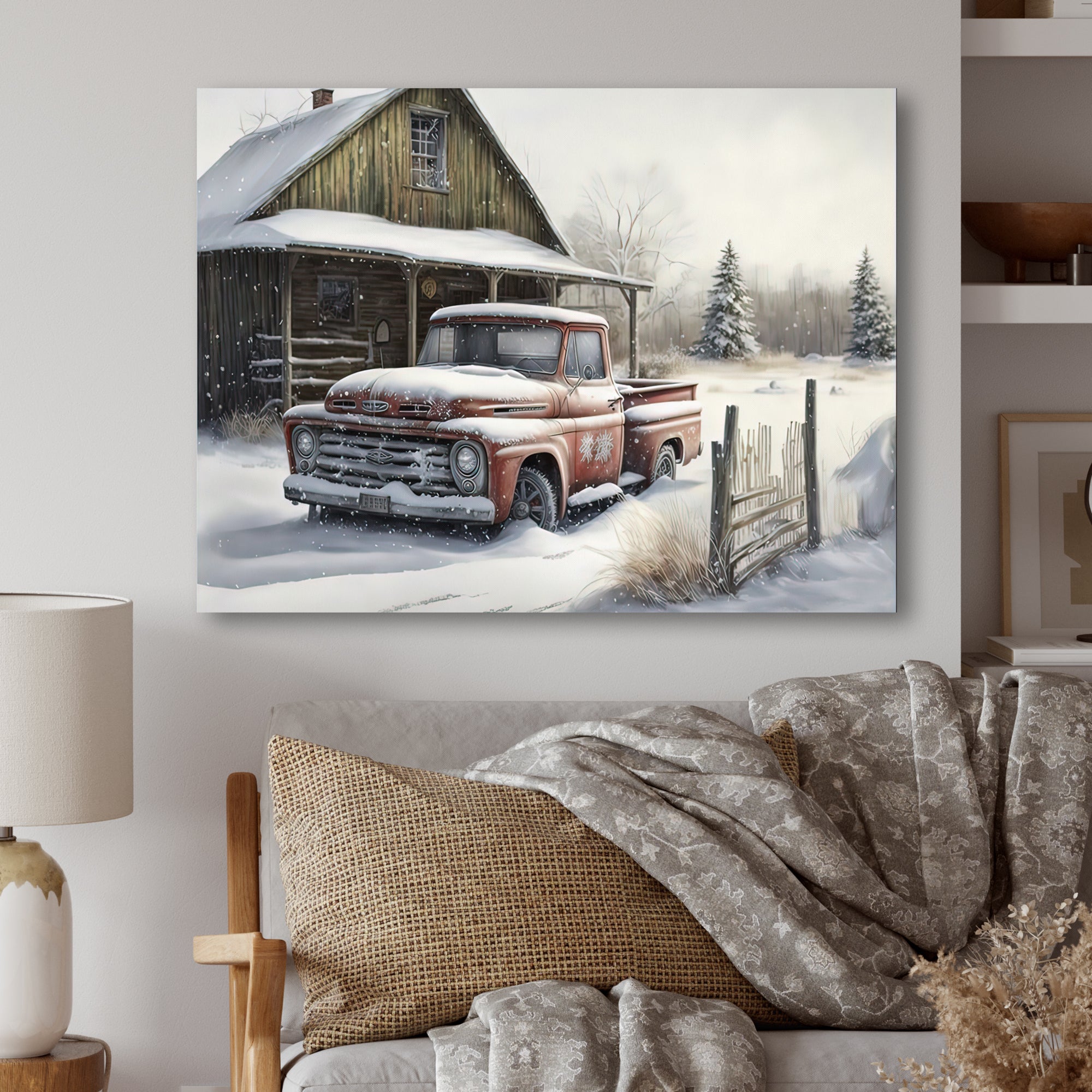 Old Truck At The Barn In Winter I - Pickup Truck Canvas Wall Art