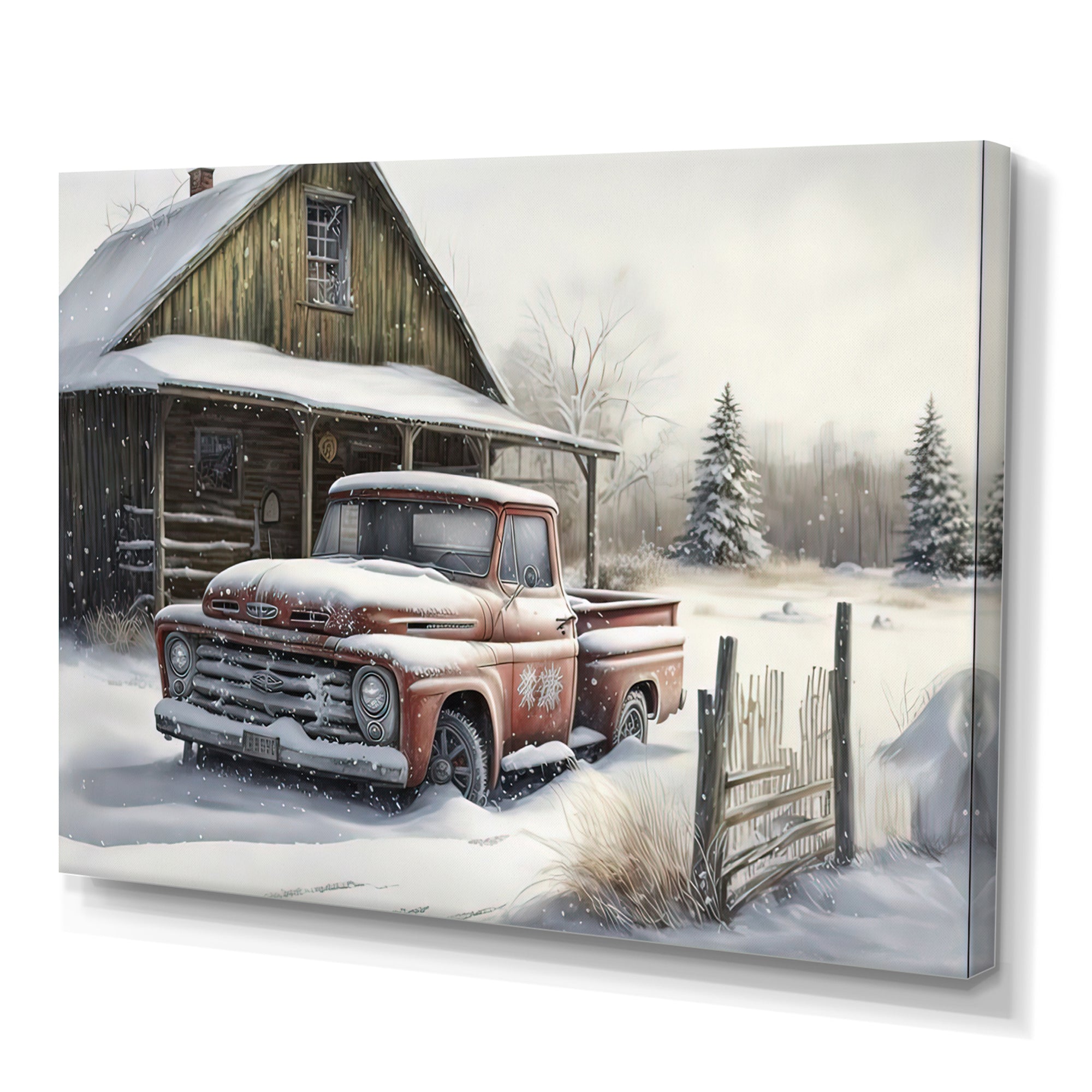 Old Truck At The Barn In Winter I - Pickup Truck Canvas Wall Art