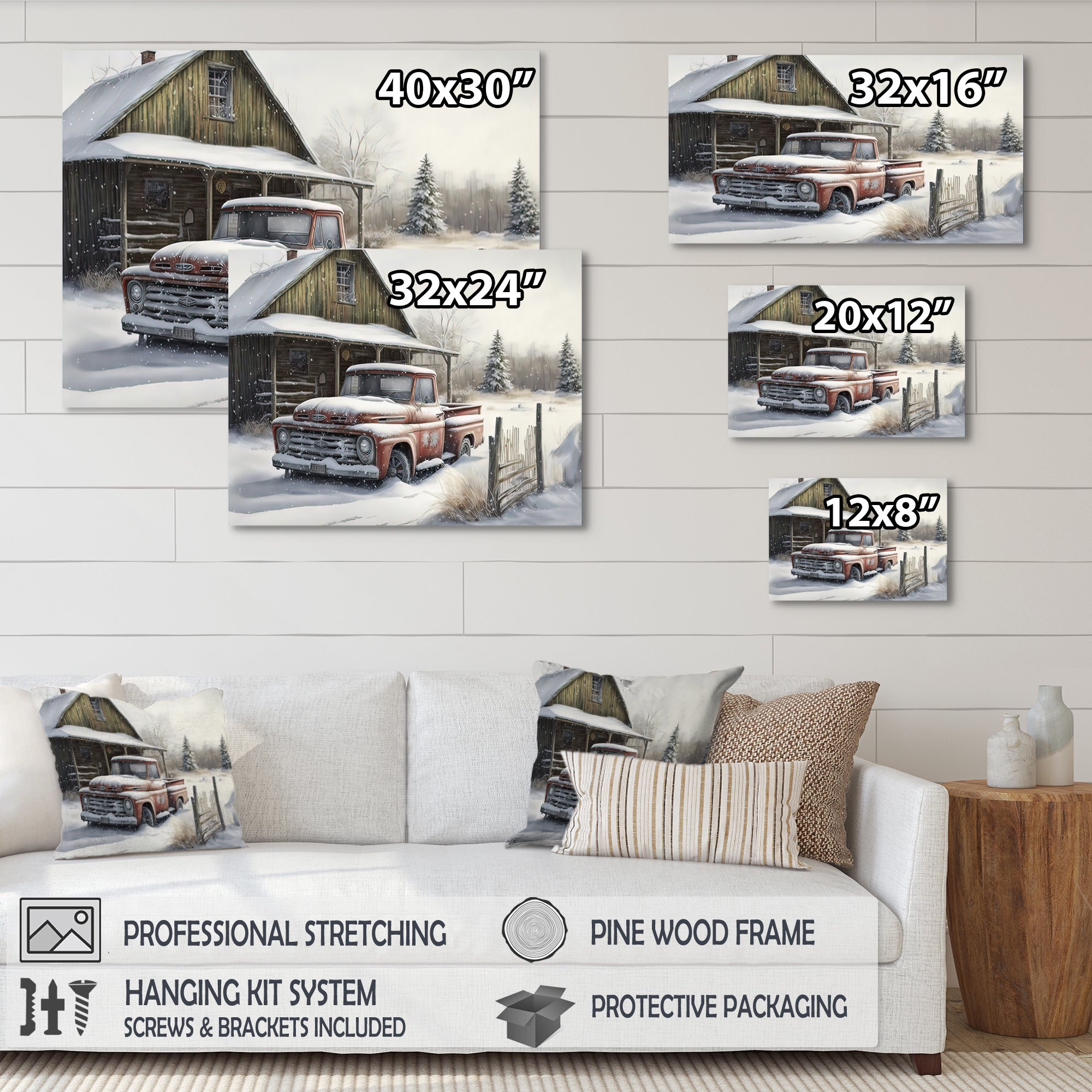 Old Truck At The Barn In Winter I - Pickup Truck Canvas Wall Art