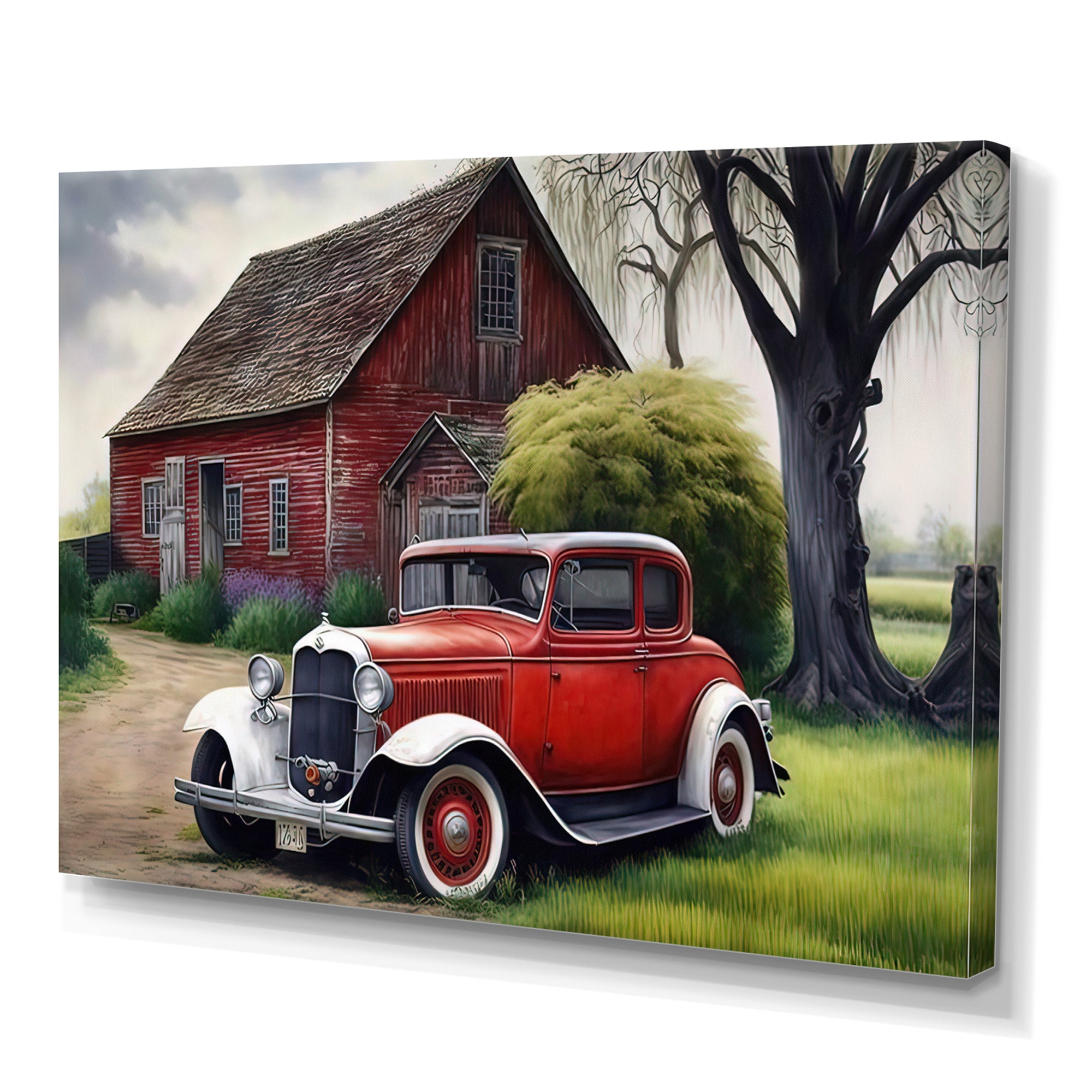 Old Vintage Car At The Barn - Car Old American Canvas Wall Art
