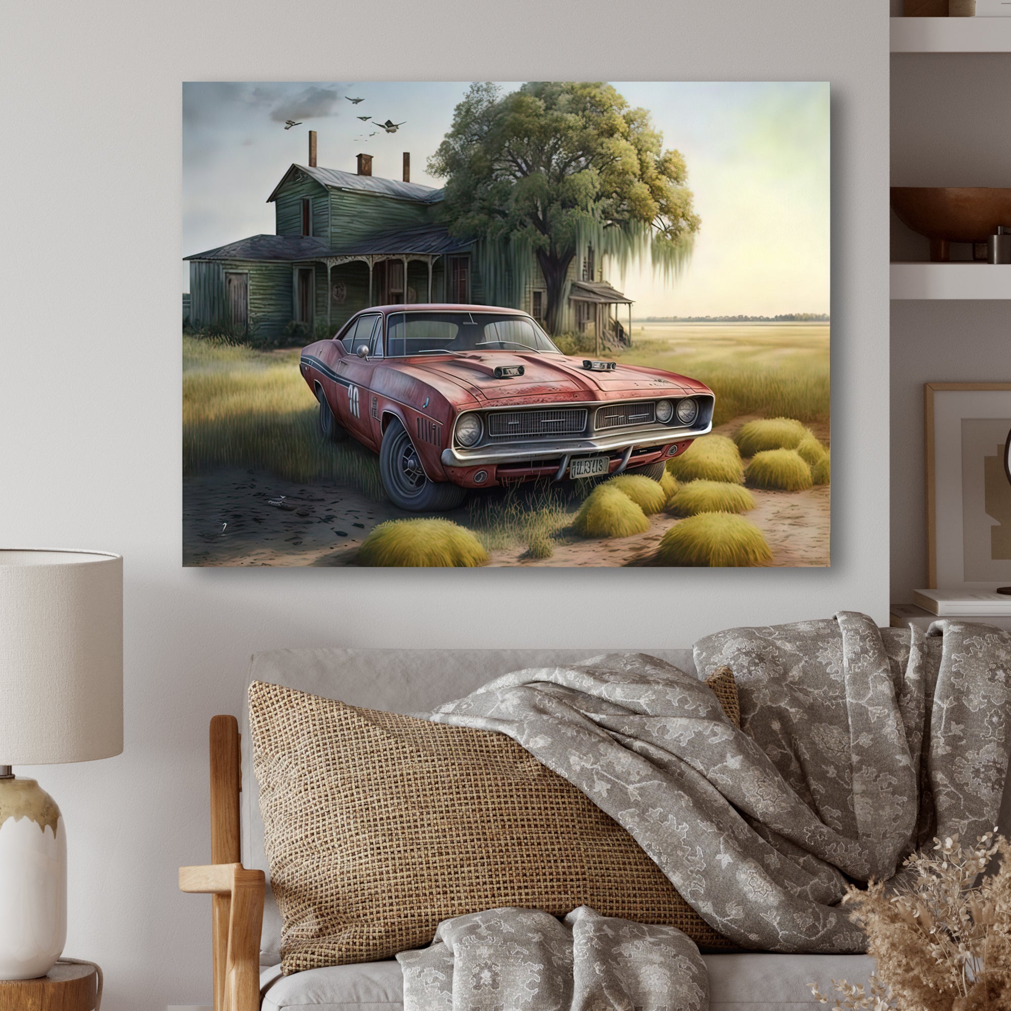 Orange Muscle Car At The Barn - Car Old American Canvas Wall Art