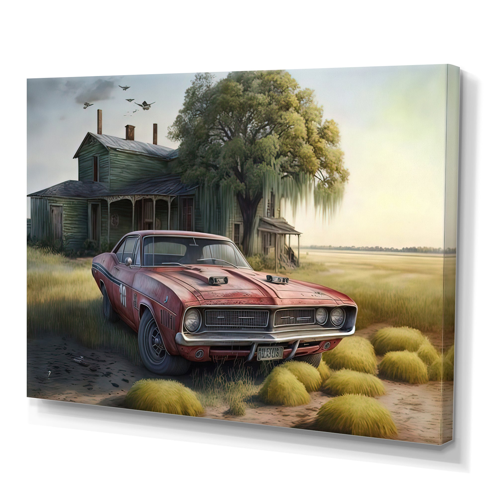 Orange Muscle Car At The Barn - Car Old American Canvas Wall Art