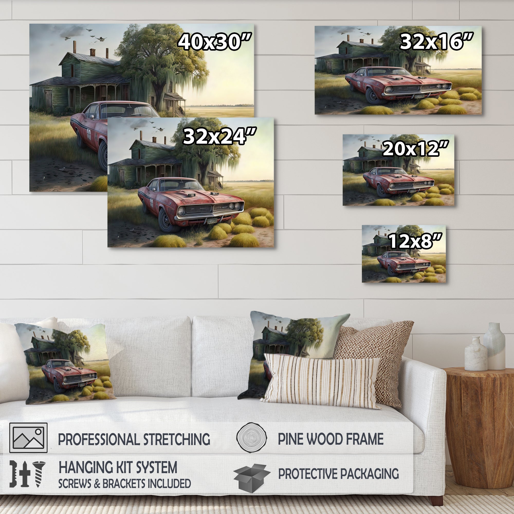 Orange Muscle Car At The Barn - Car Old American Canvas Wall Art