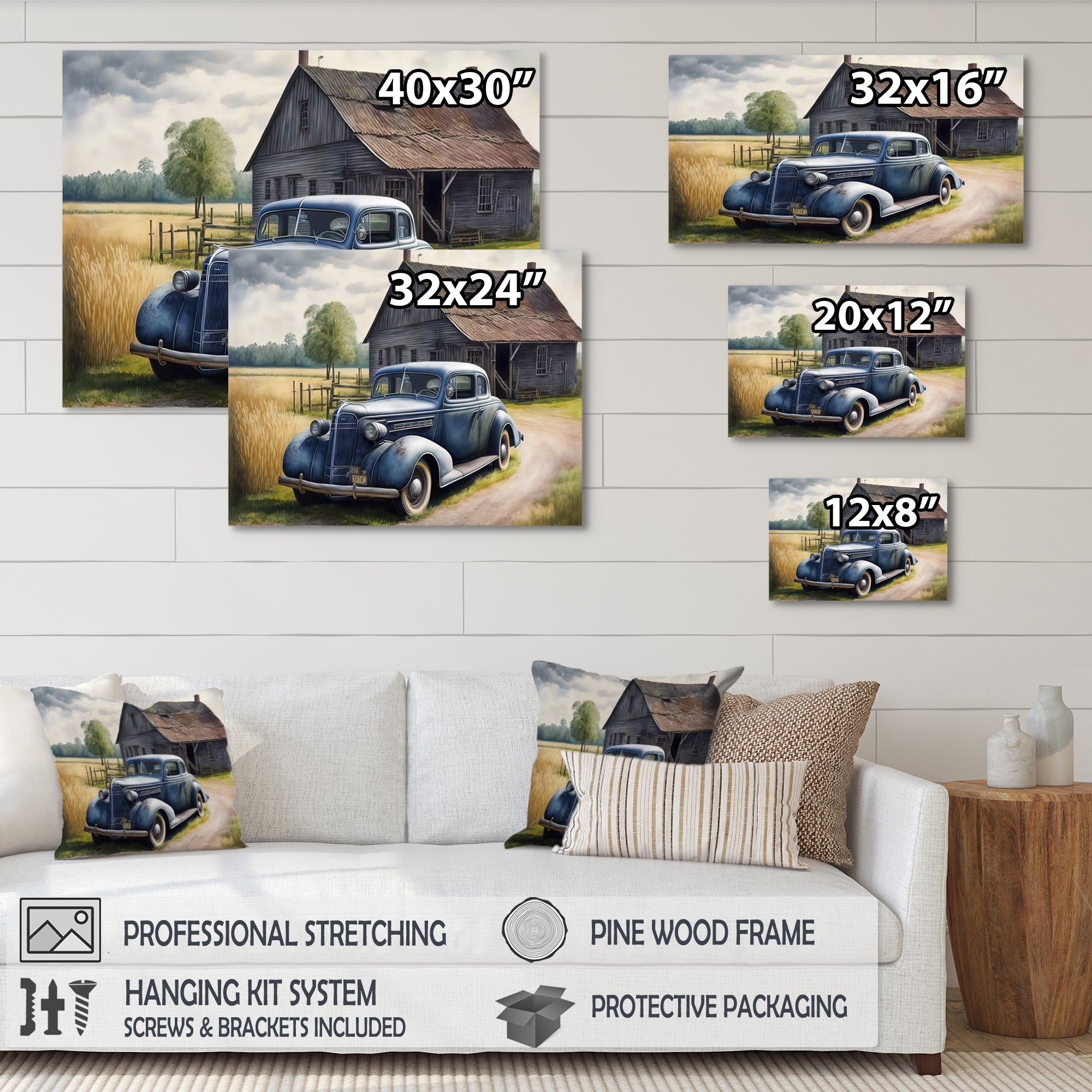 Old Blue Car At The Barn - Car Old American Canvas Wall Art