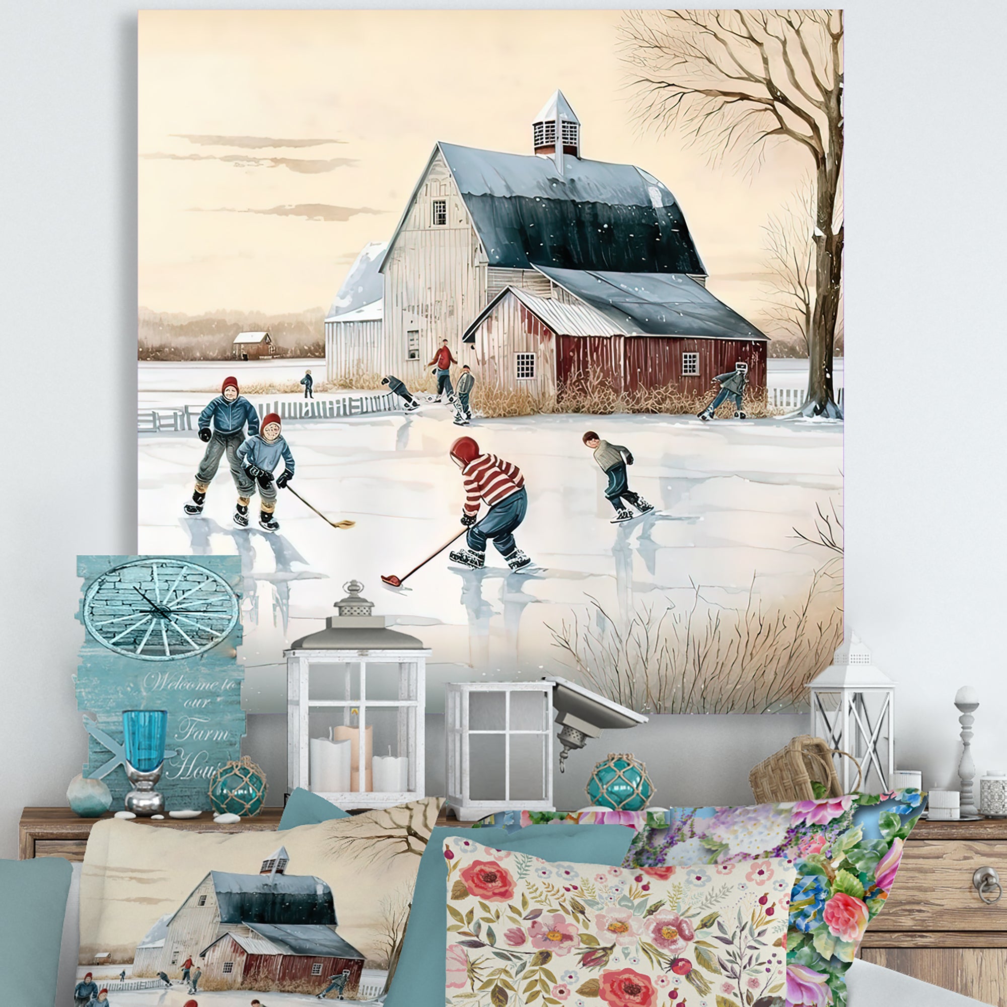 Kids Playing Hockey In Winter I - Sport Hockey Canvas Wall Art
