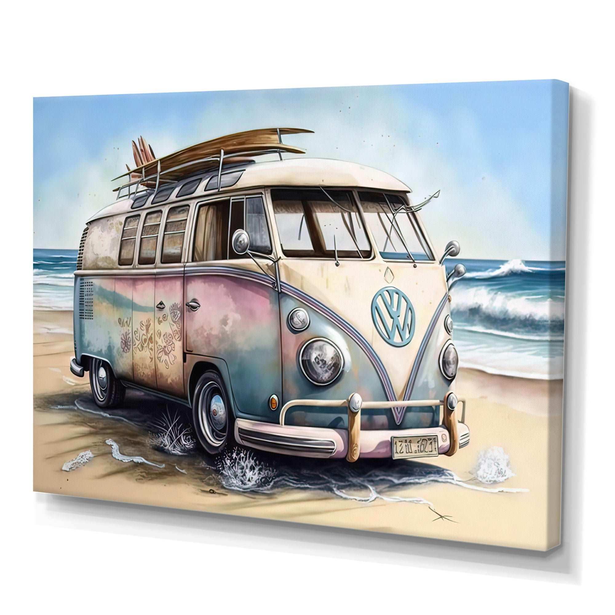 70S Surfing Van At The Beach I Canvas Canvas