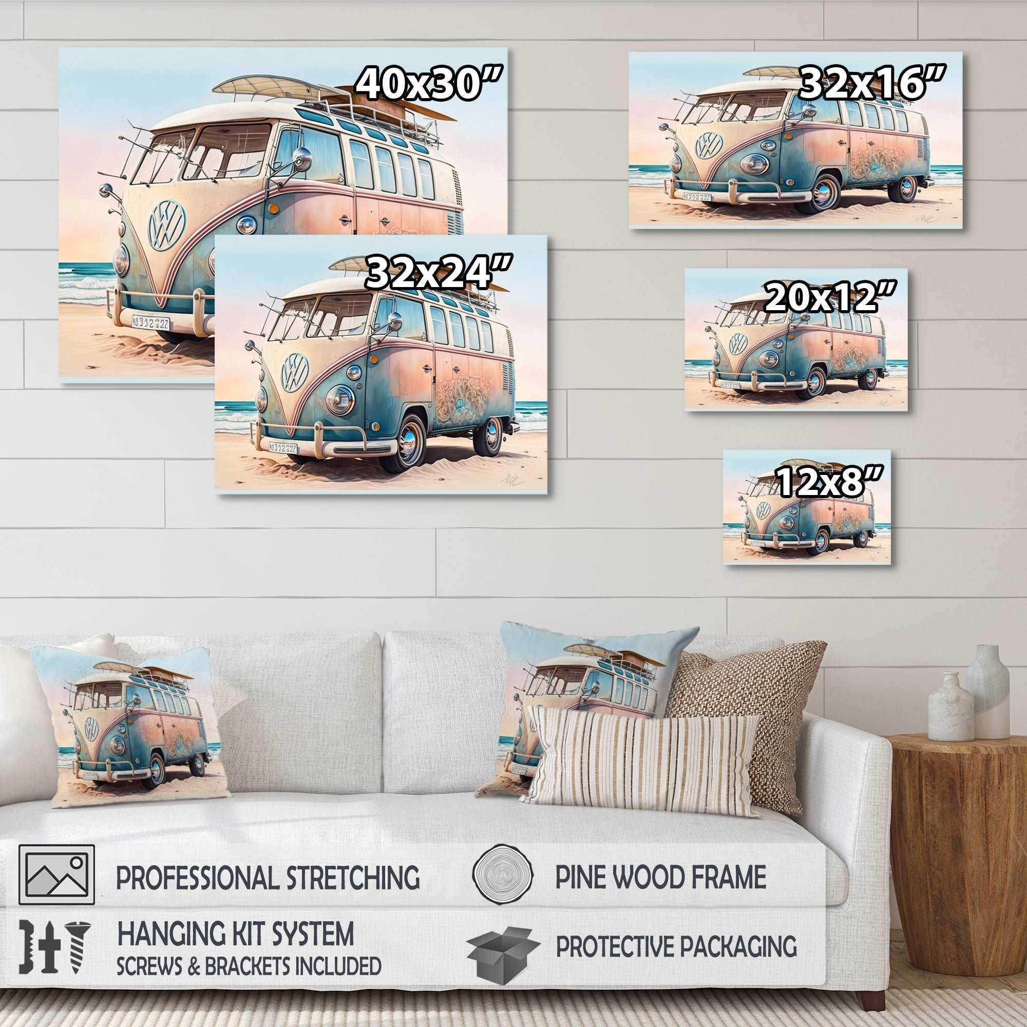 70S Surfing Van At The Beach II Canvas Canvas