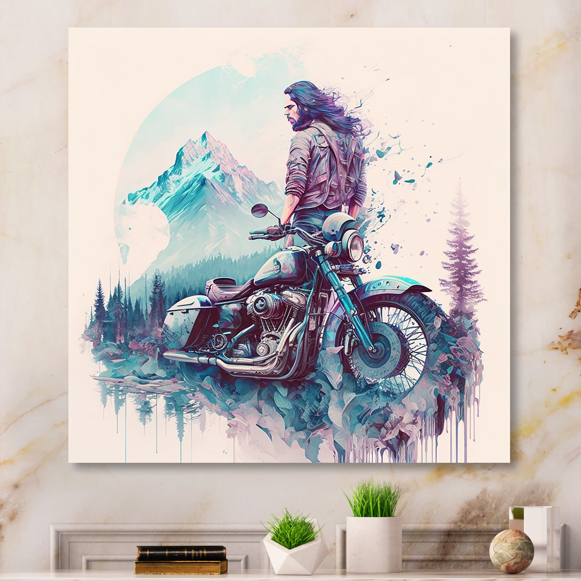 Man And His Motorcycle With Mountain Views - Motorcycle Canvas Wall Art