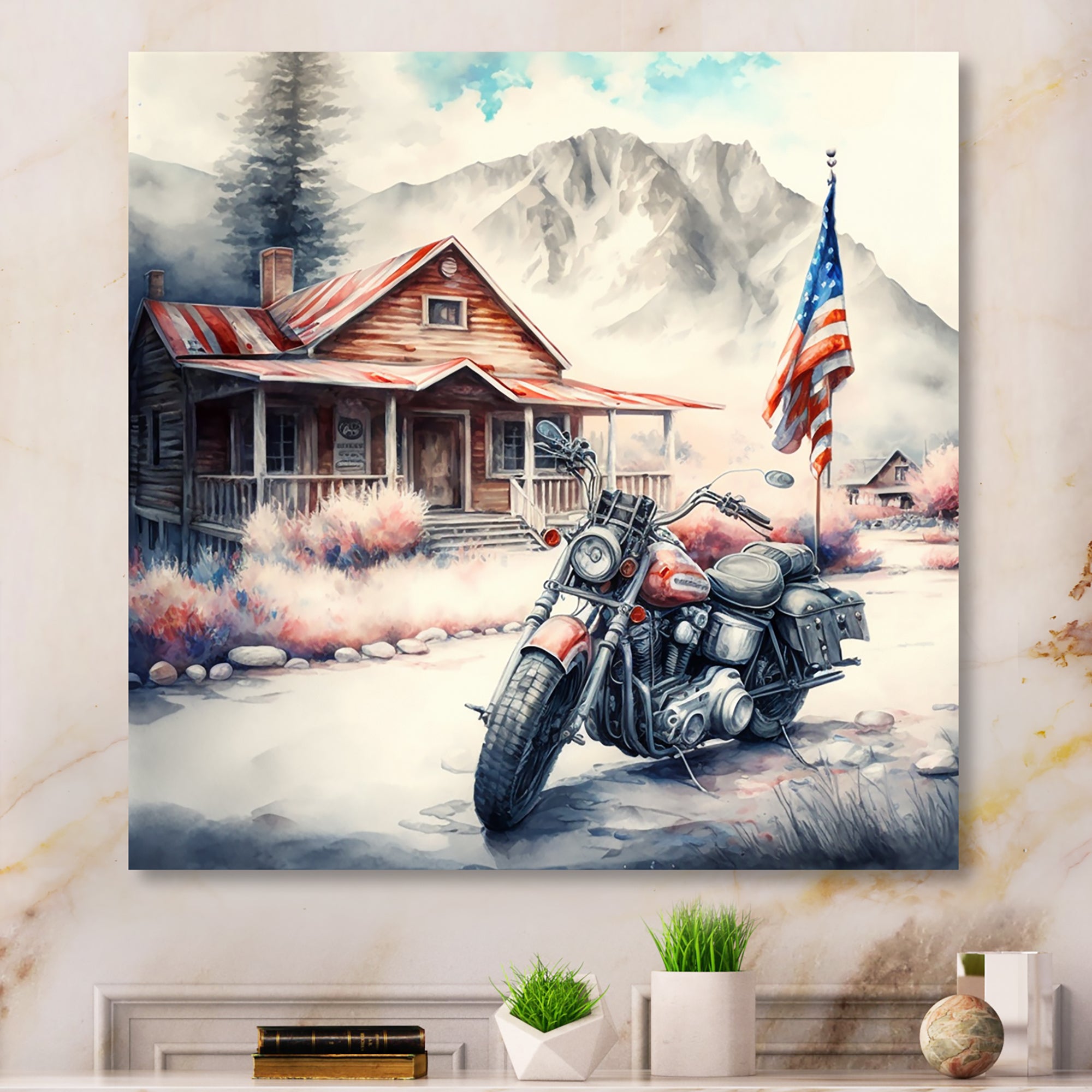 Motorcycle Parked At The Cabin I - Motorcycle Canvas Wall Art