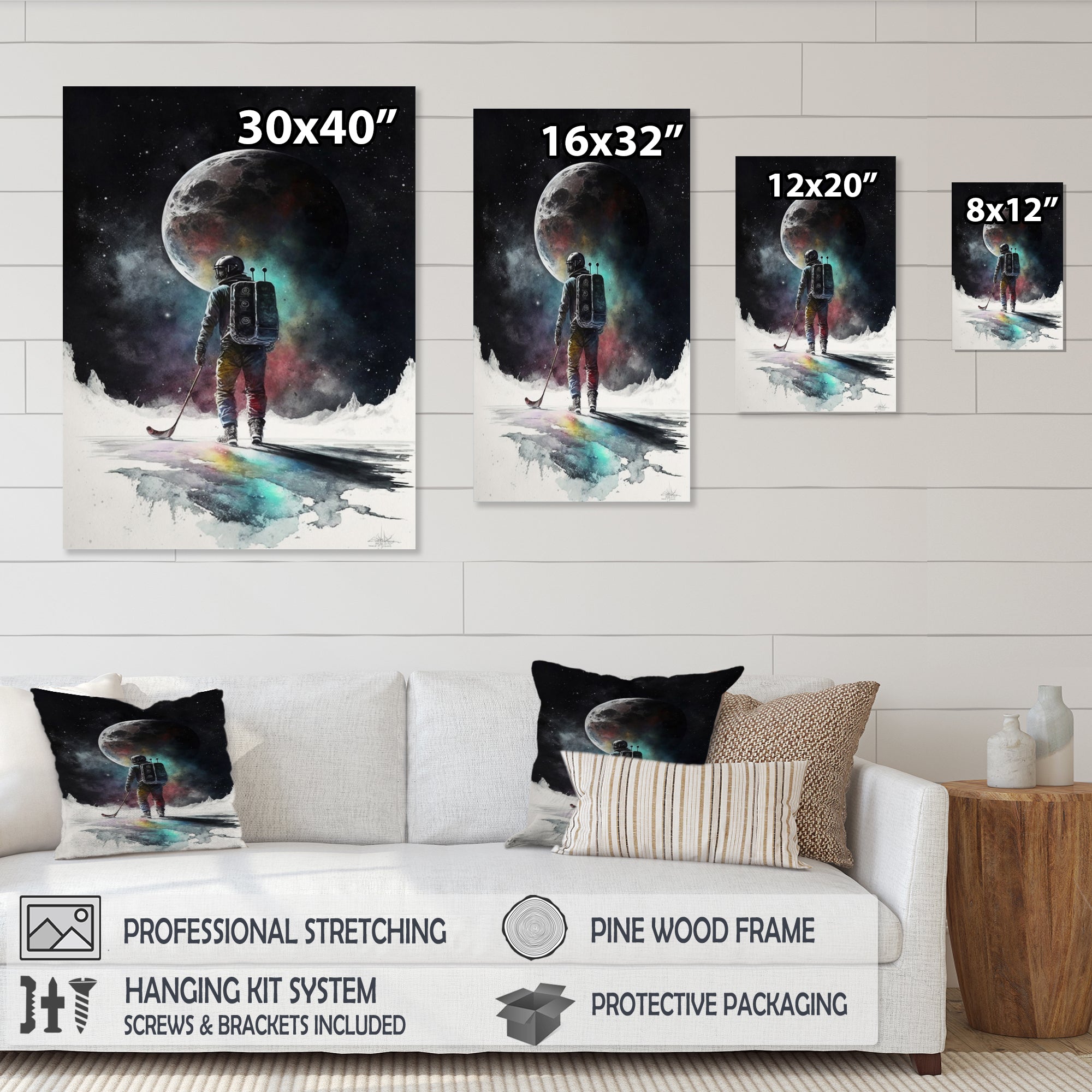 Hockey Player On The Moon - Sport Hockey Canvas Wall Art