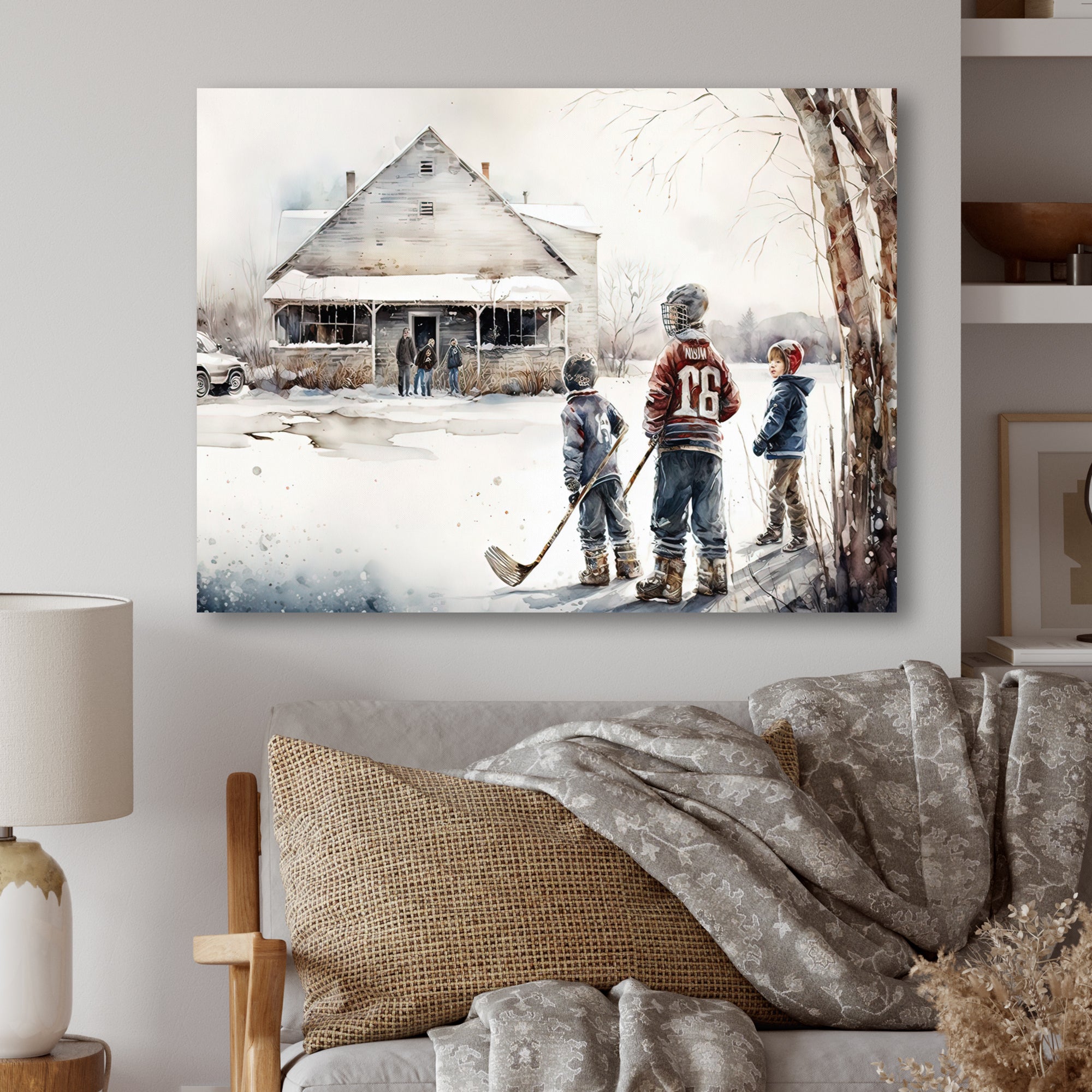 Boys Playing Hockey At Cabin I - Sport Hockey Canvas Wall Art