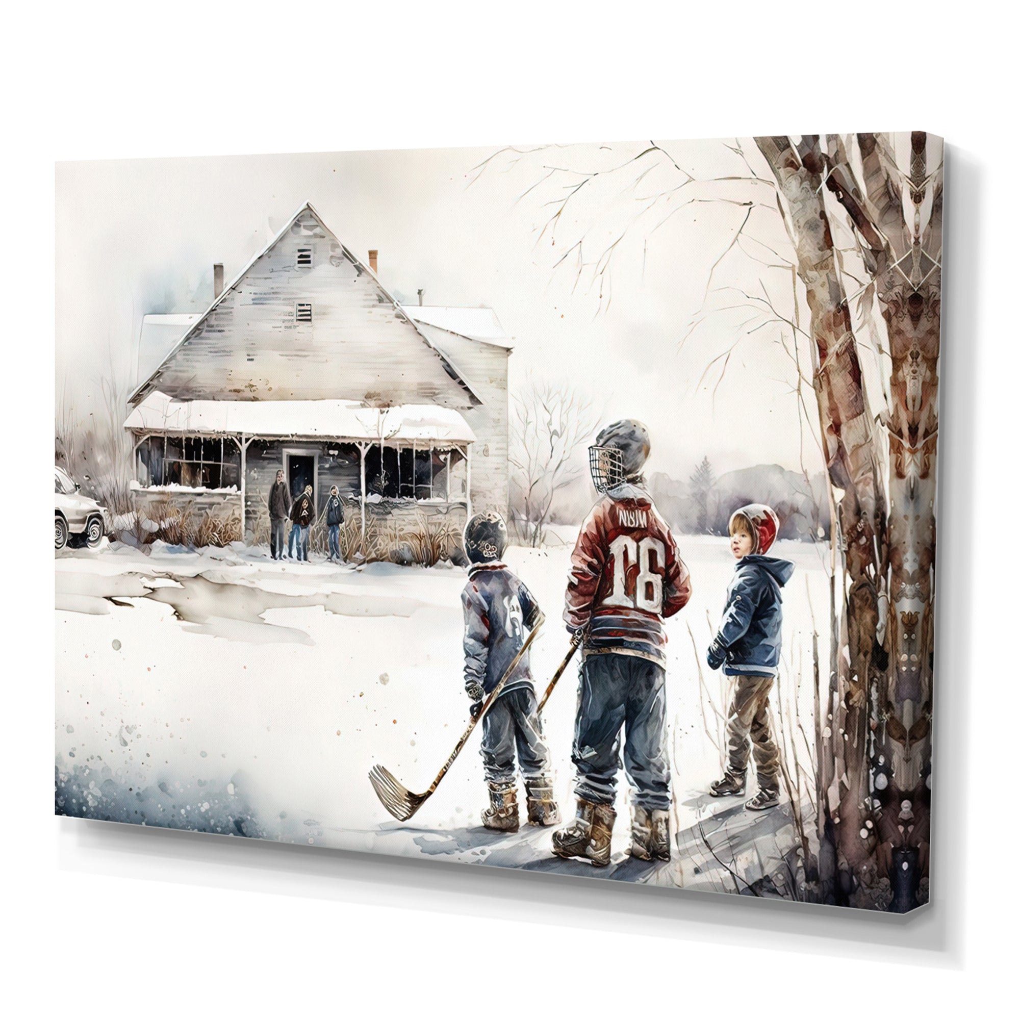 Boys Playing Hockey At Cabin I - Sport Hockey Canvas Wall Art