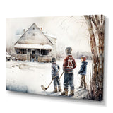 Boys Playing Hockey At Cabin I - Sport Hockey Canvas Wall Art