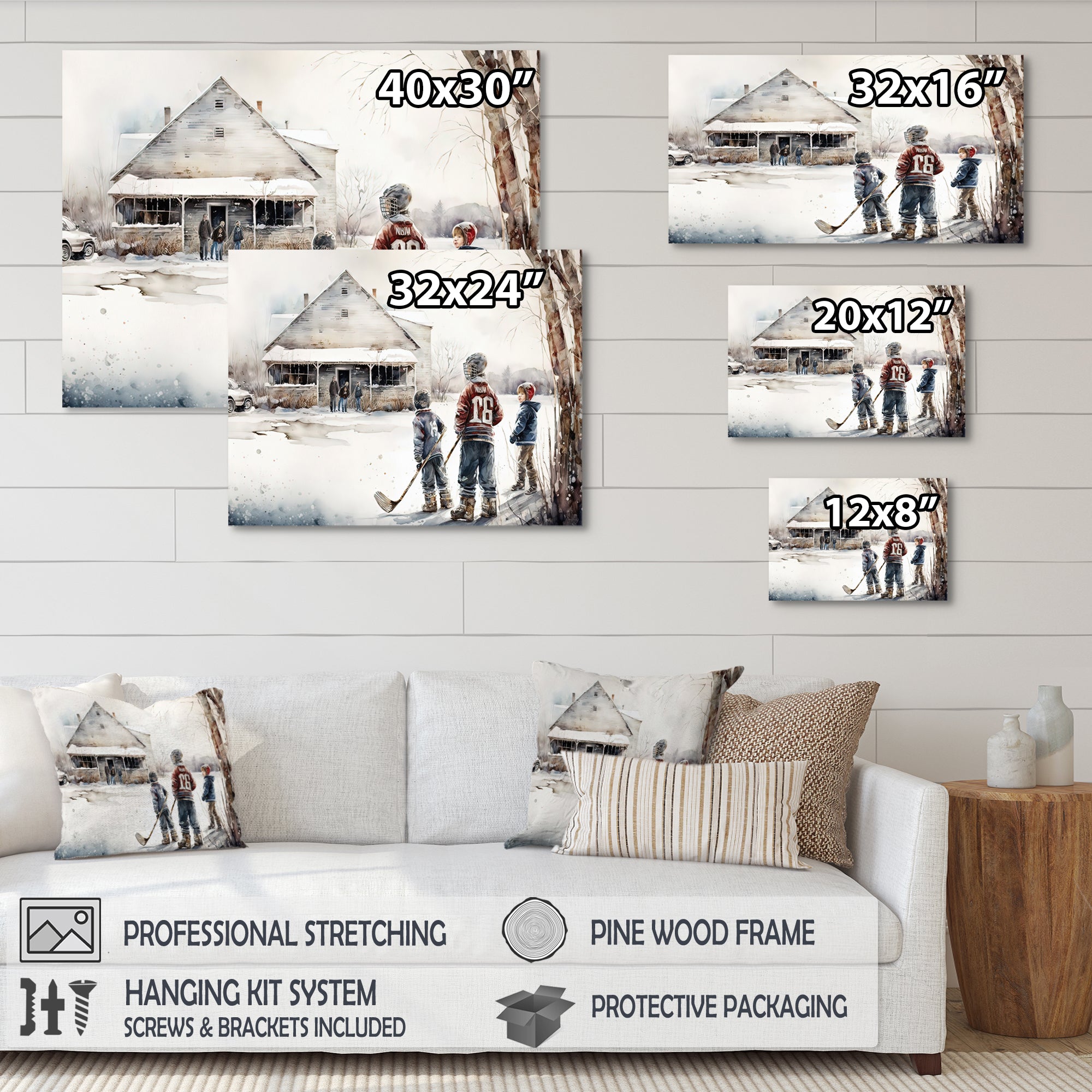 Boys Playing Hockey At Cabin I - Sport Hockey Canvas Wall Art