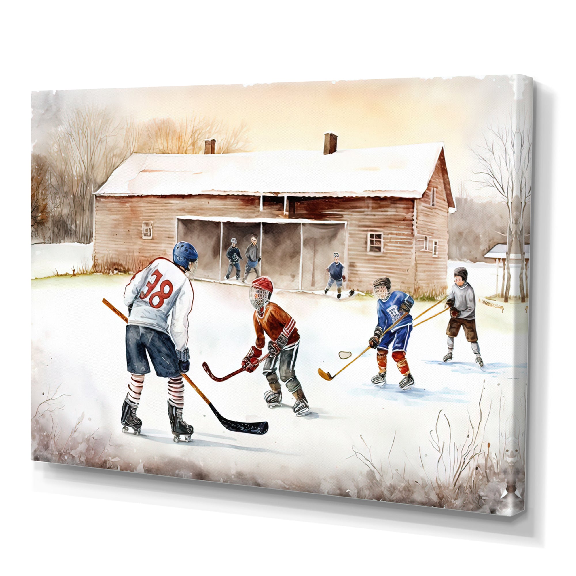 Kids Playing Hockey On Ice Rink I - Sport Hockey Canvas Wall Art