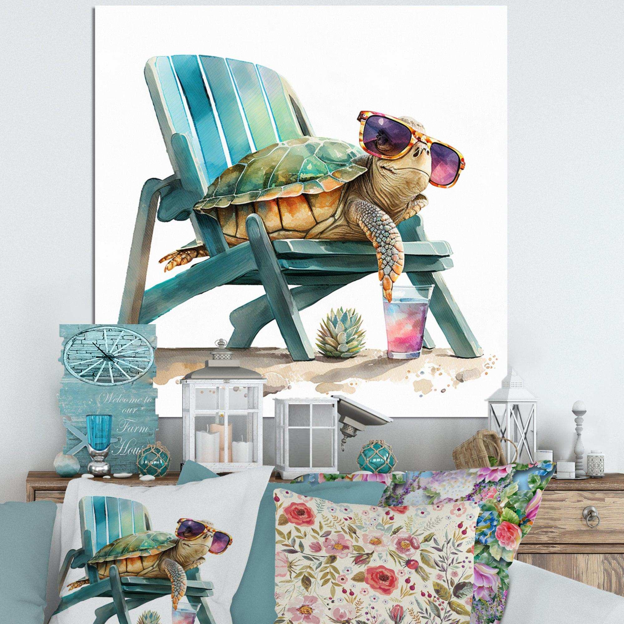 Turtle Laying On A Beach Chair With Sunglasses I - Animals Canvas Wall Art