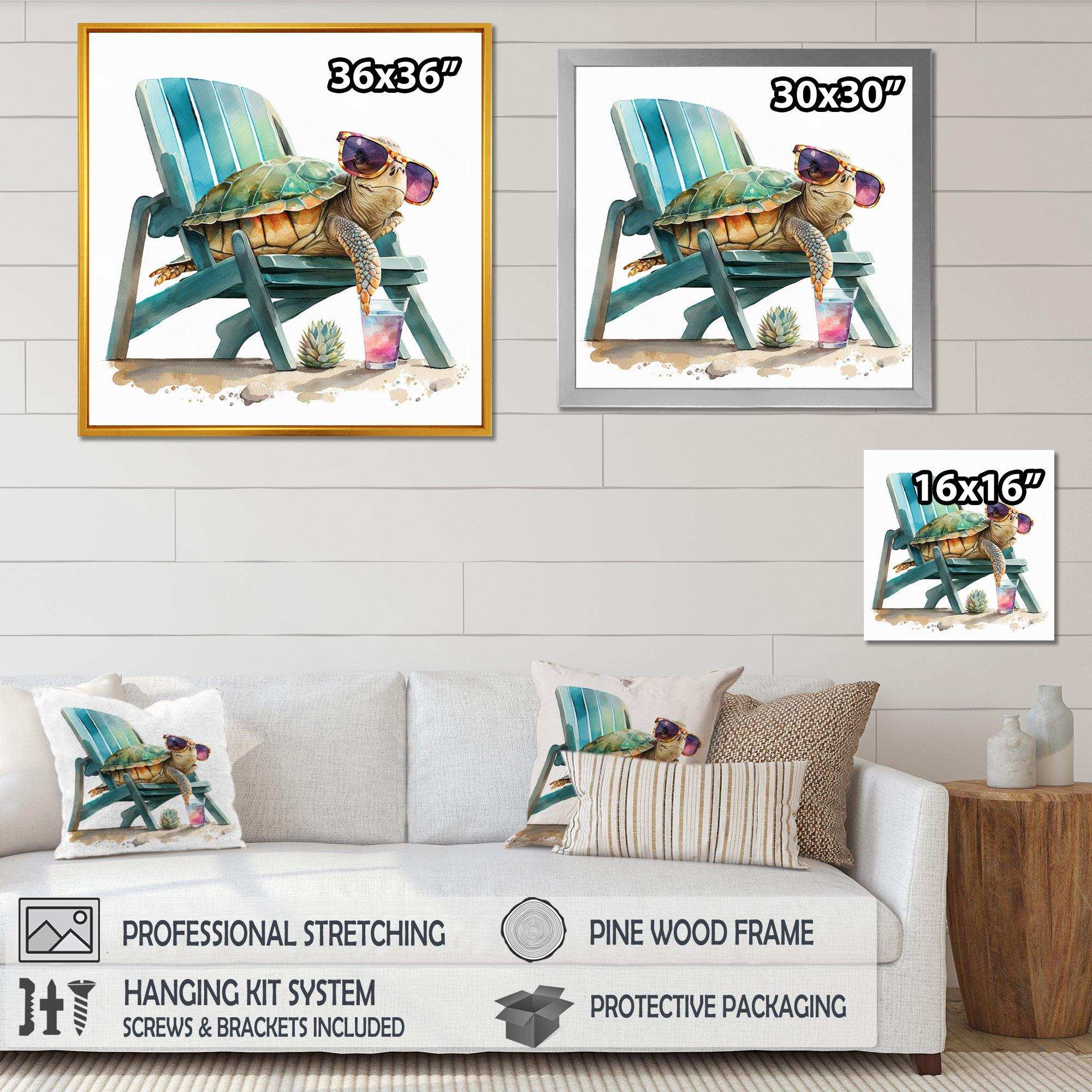 Turtle Laying On A Beach Chair With Sunglasses I - Animals Canvas Wall Art