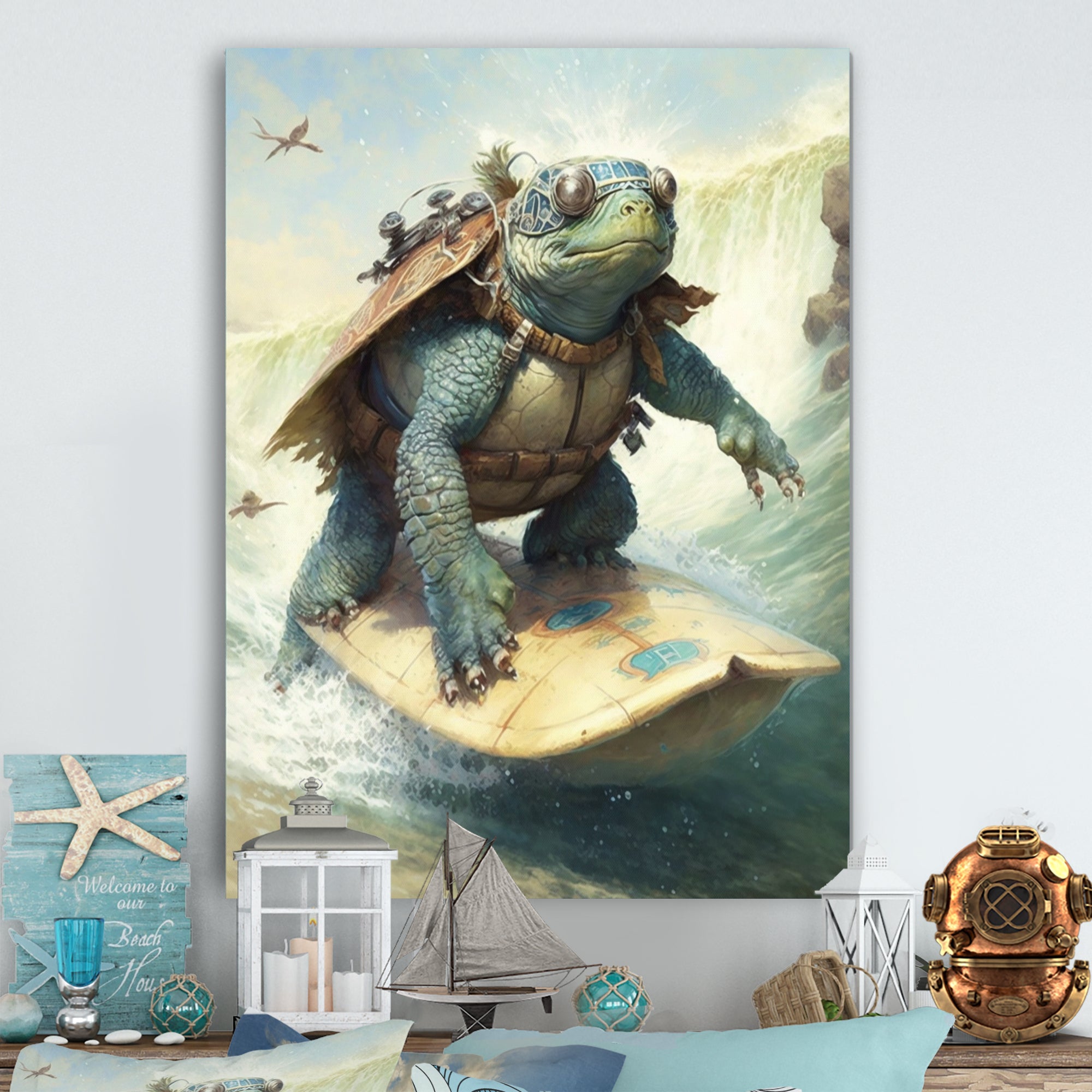 Turtle Surfing With Goggles - Green Turtle Wall Art