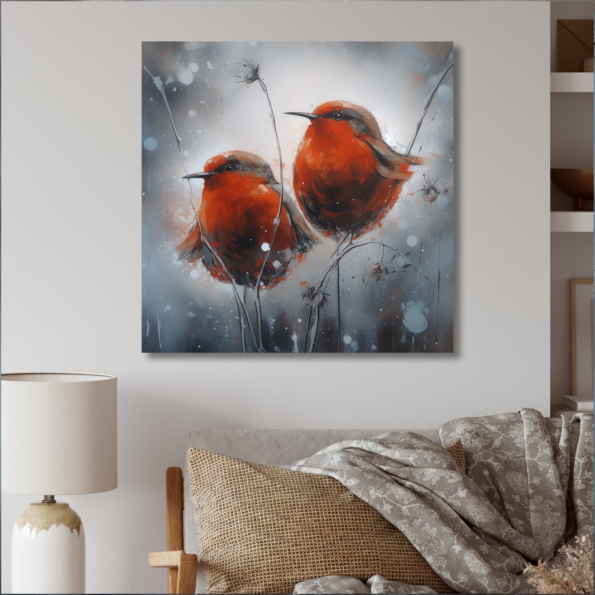 Two Red Birds Sitting On Branch - Bird Canvas Wall Art