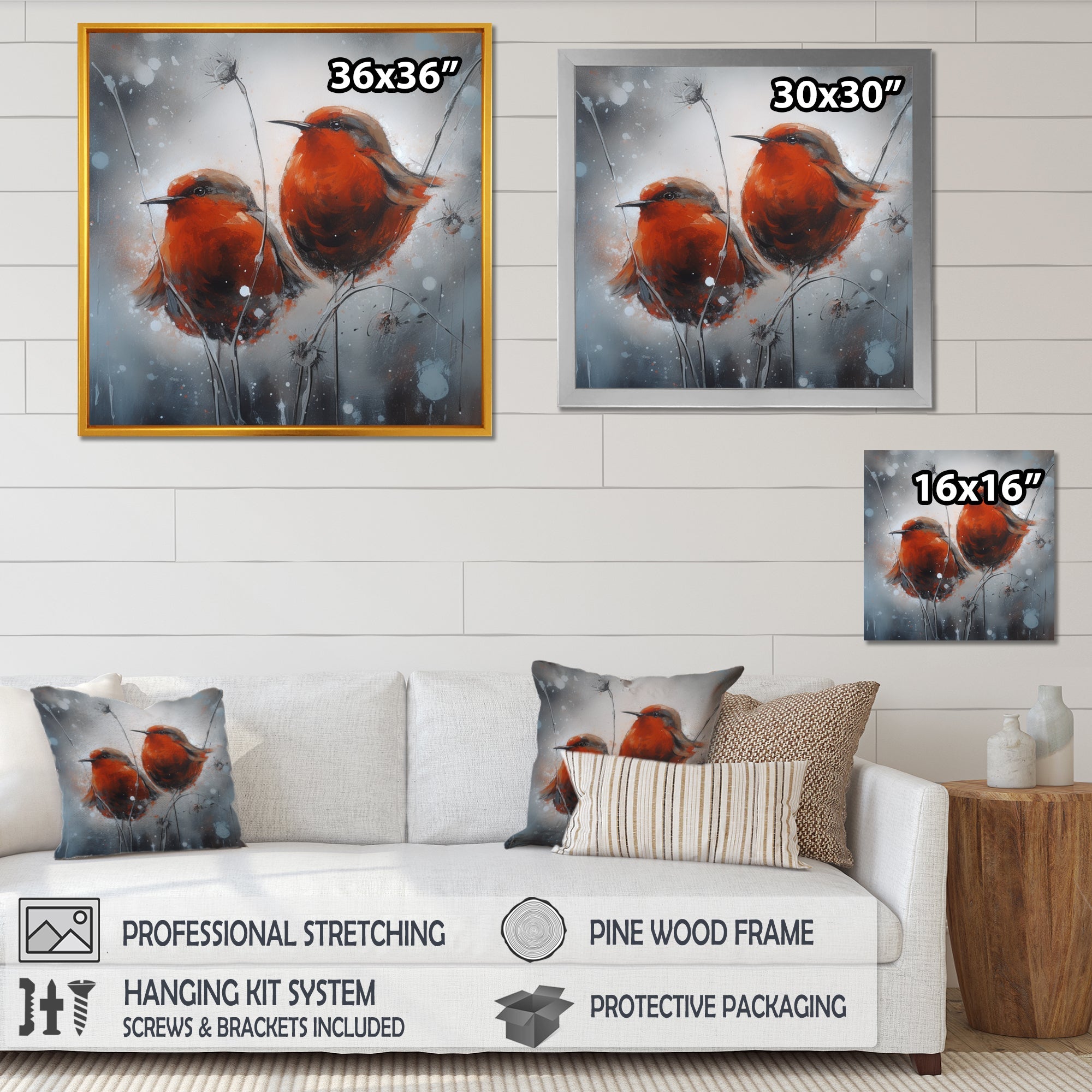 Two Red Birds Sitting On Branch - Bird Canvas Wall Art