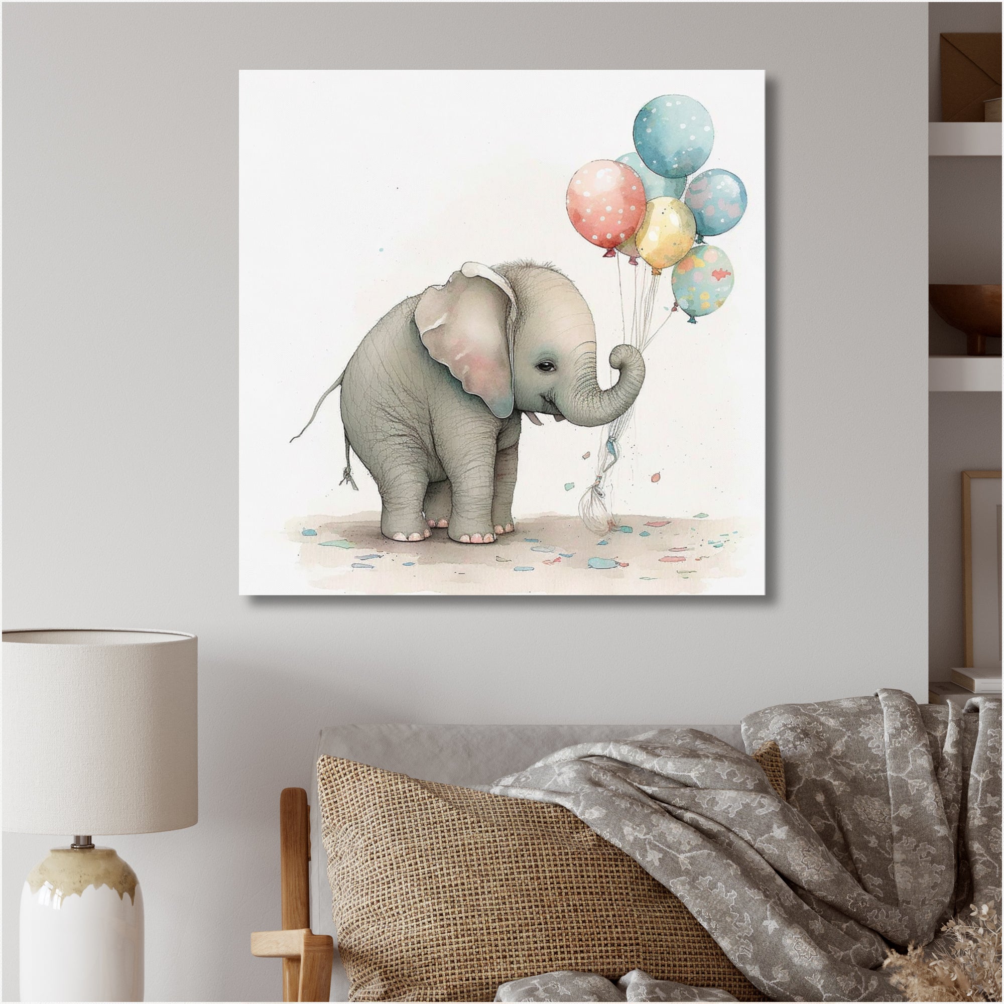 Grey Illustration Detailed Baby Elephant - Elephant Wall Decor