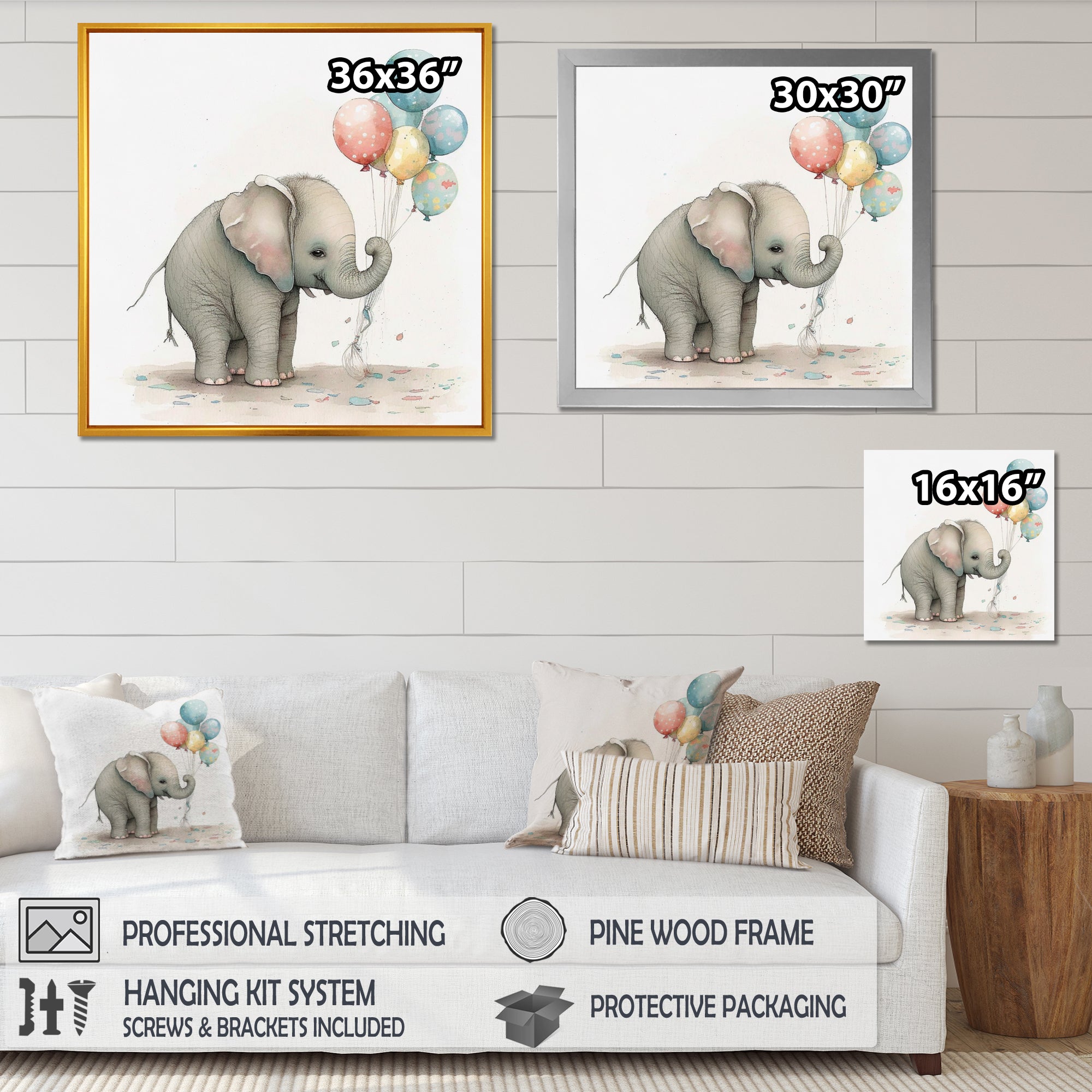 Grey Illustration Detailed Baby Elephant - Elephant Wall Decor