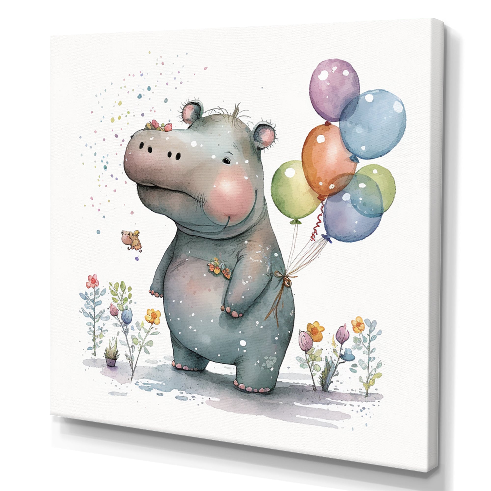 Grey Illustration Detailed Baby Hippo - Hippopotamus Wall Art Prints