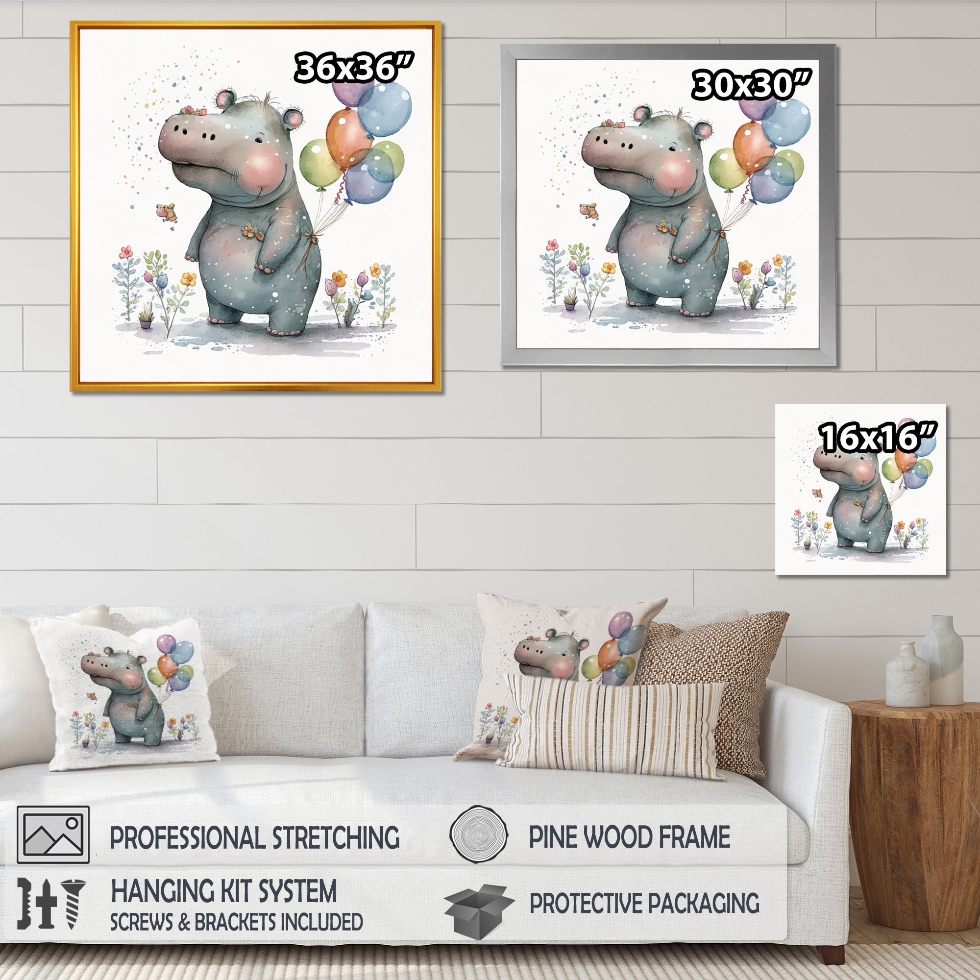 Grey Illustration Detailed Baby Hippo - Hippopotamus Wall Art Prints