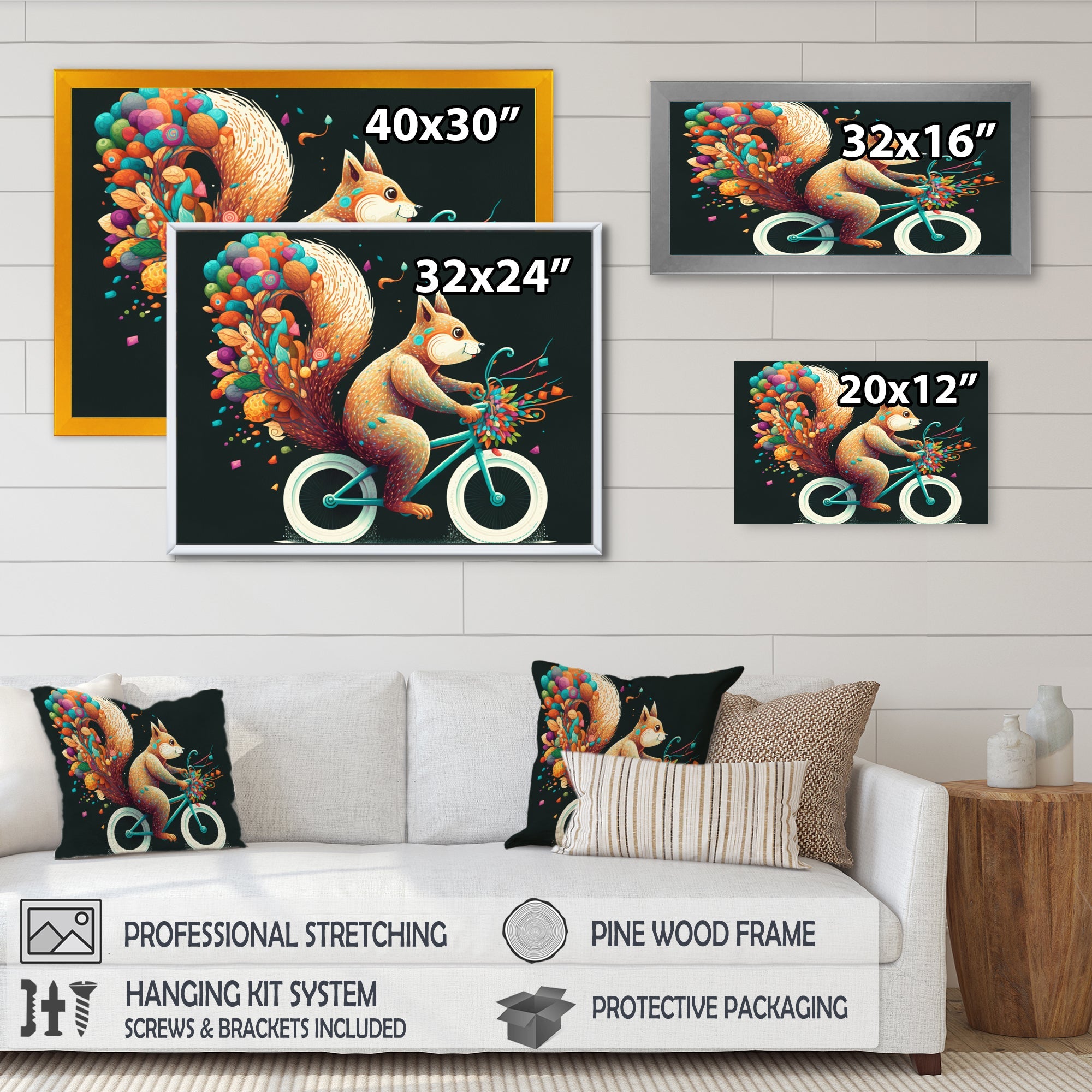 Colorful Squirrel Riding Bike - Squirrel Framed Canvas Art