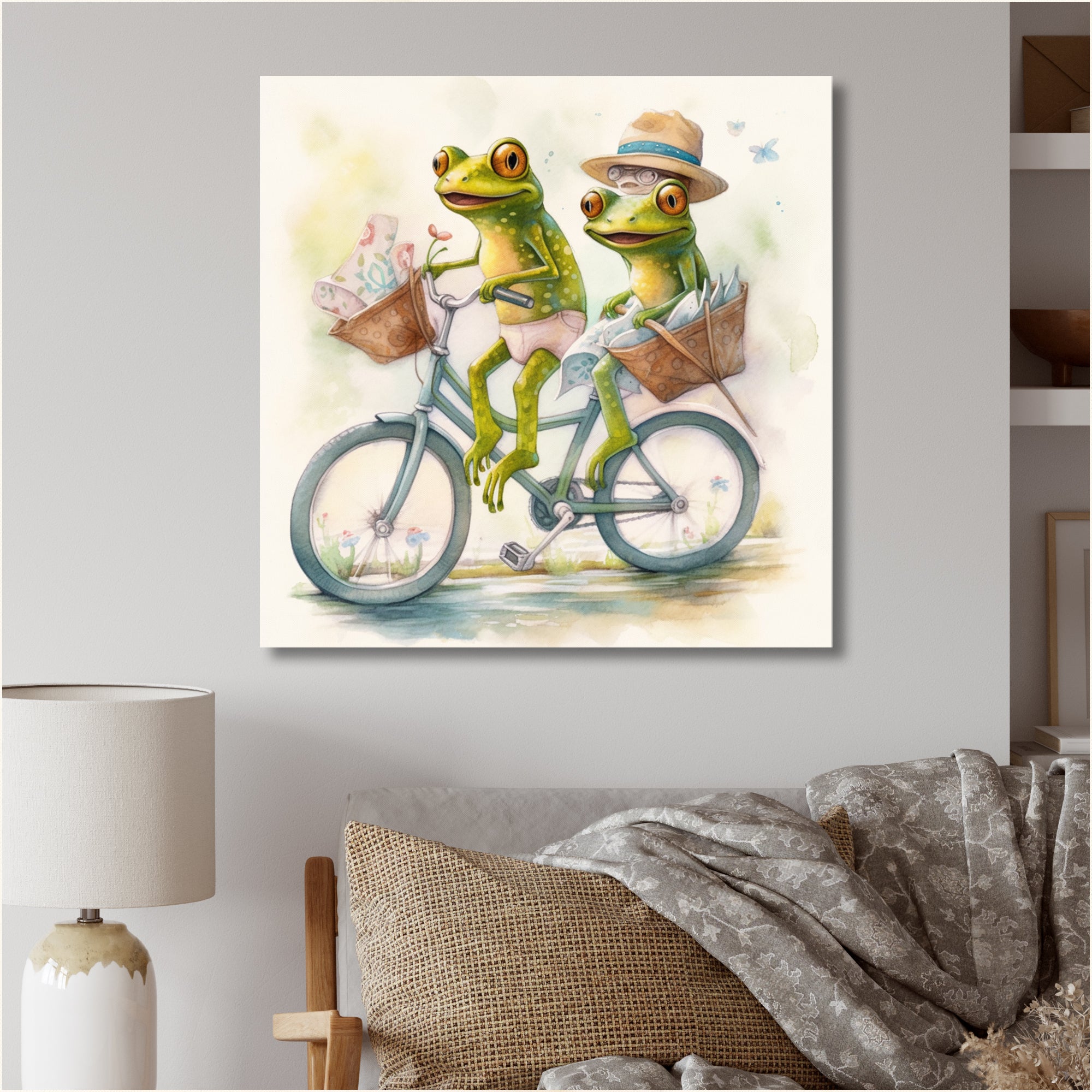 Green Frogs Riding A Bike - Frog Large Canvas Wall Art