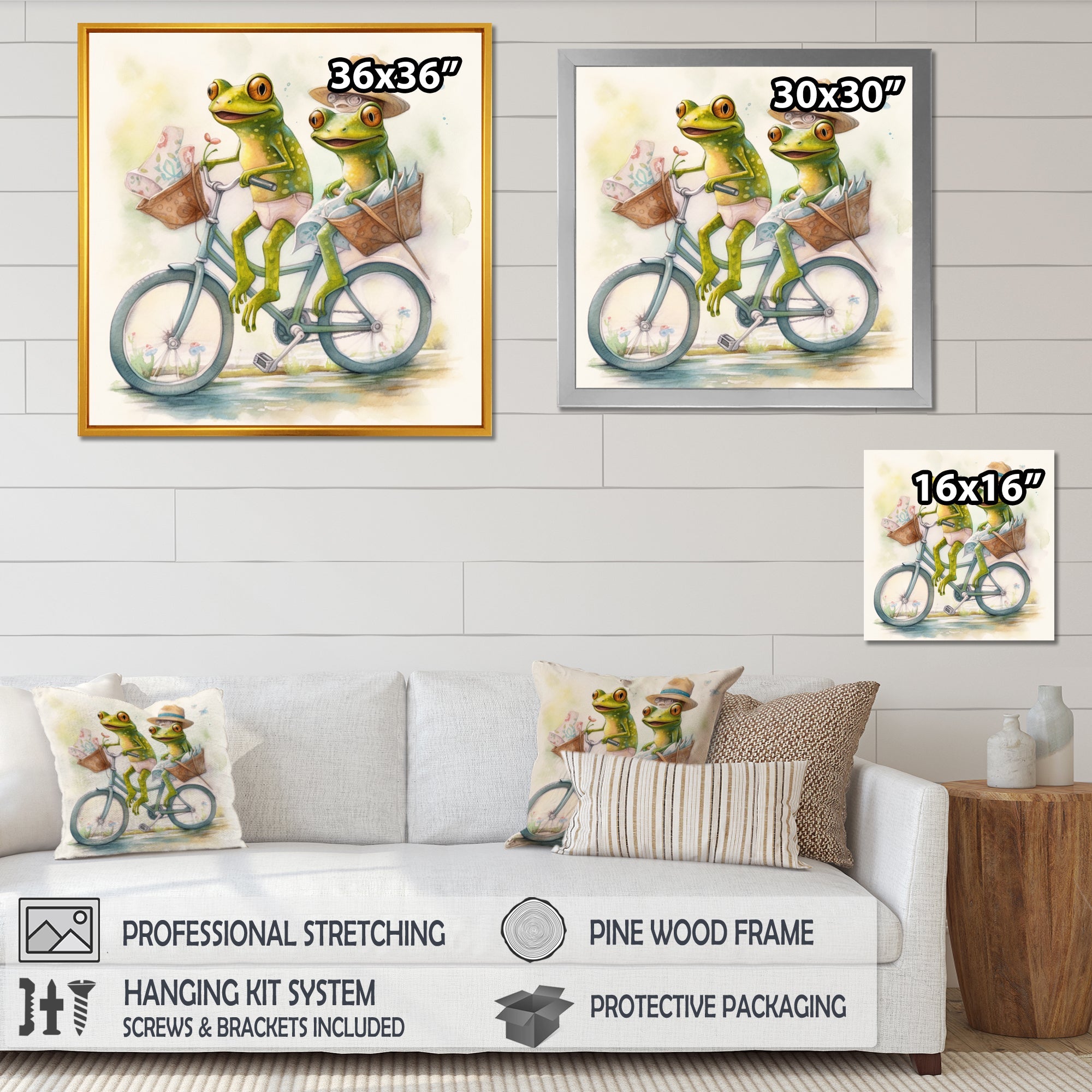 Green Frogs Riding A Bike - Frog Large Canvas Wall Art