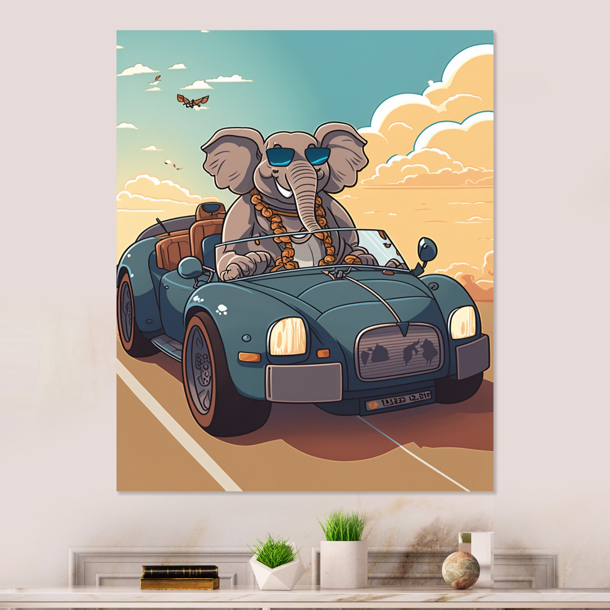 Grey Elephant Wearing Sunglasses in Sportscar - Elephant Fashion Living Room Wall Art