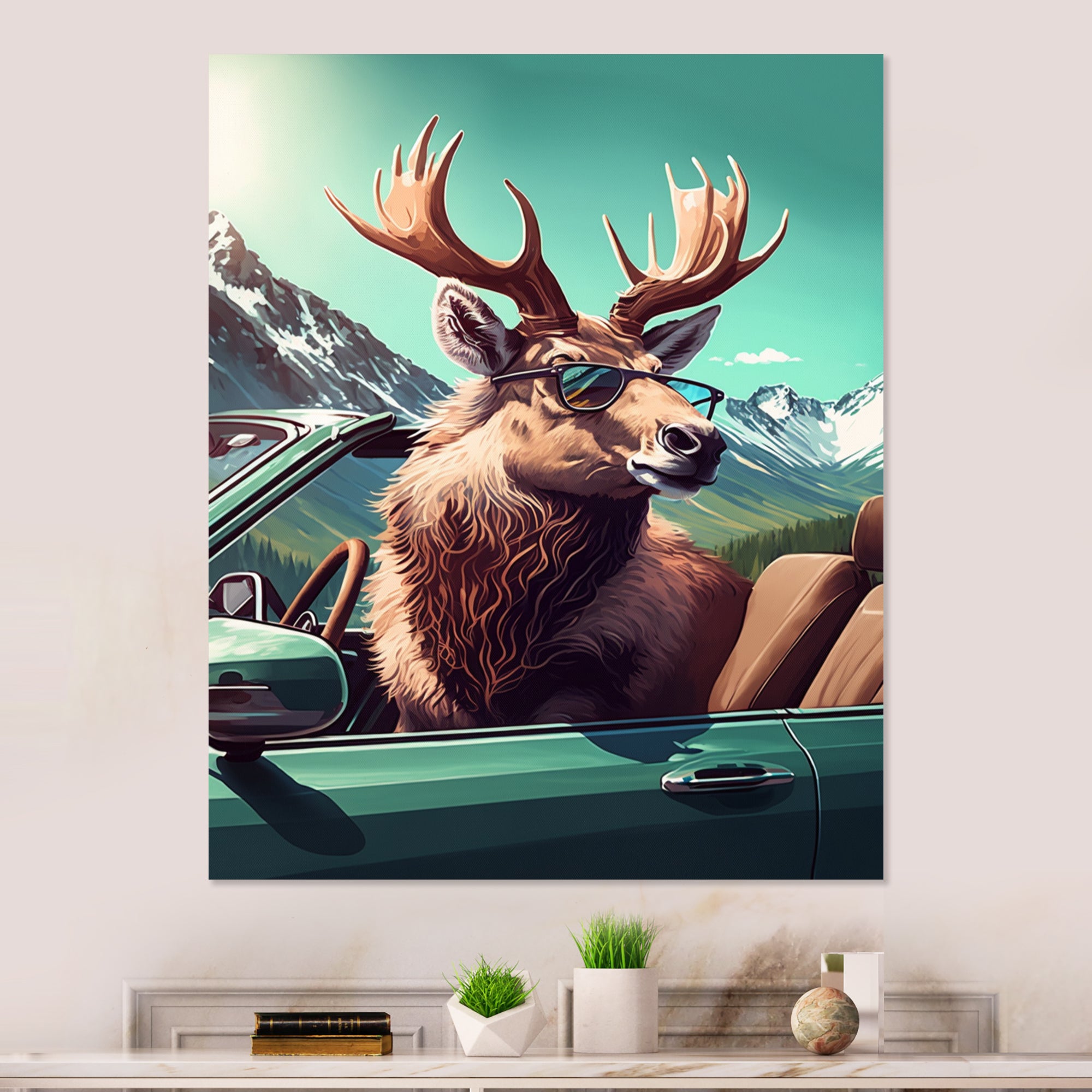 Brown Elk Wearing Sunglasses In Sportscar - Deer Bedroom Wall Art