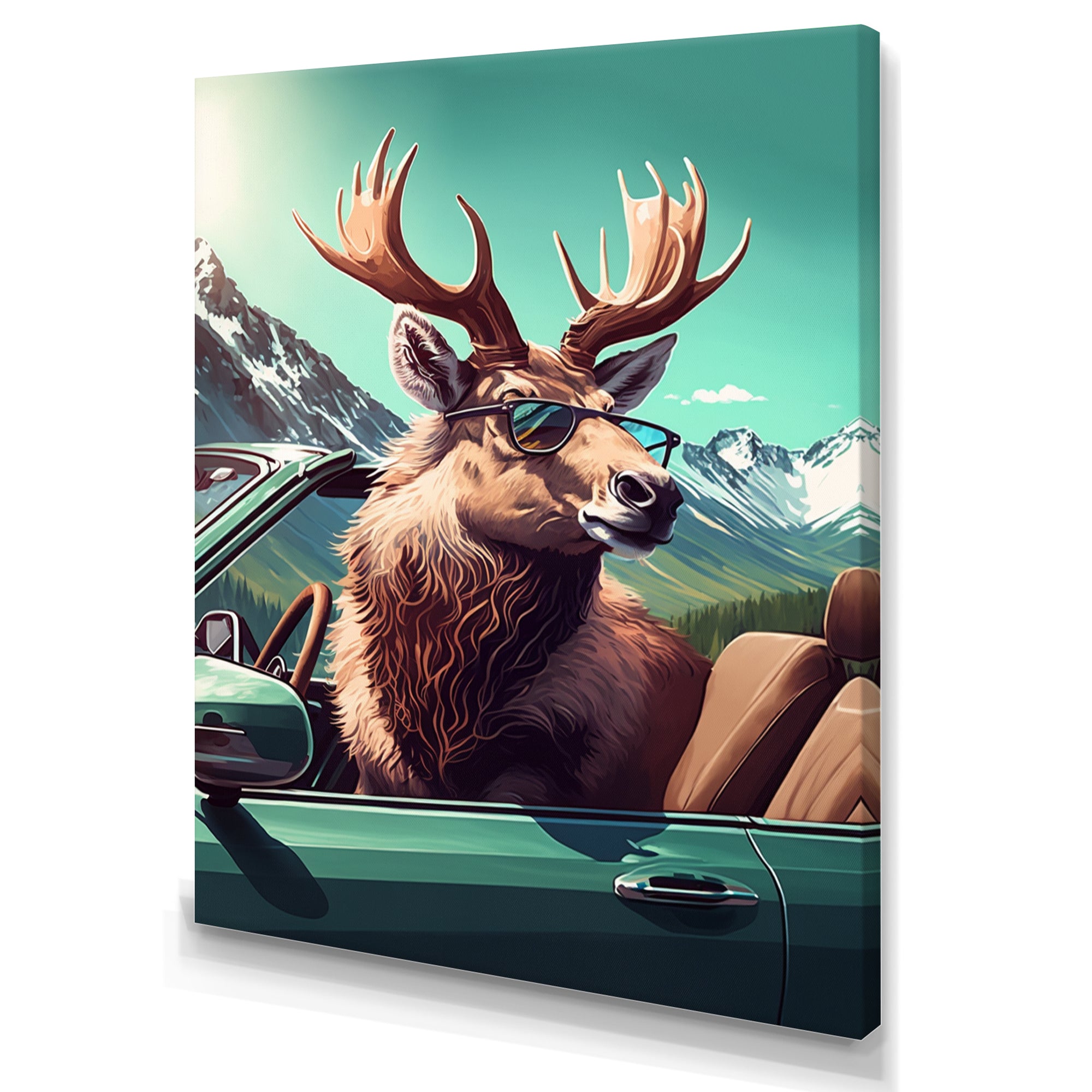 Brown Elk Wearing Sunglasses In Sportscar - Deer Bedroom Wall Art