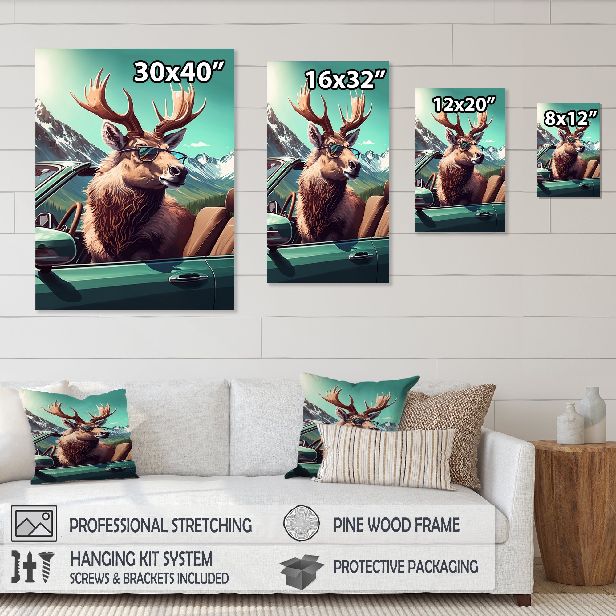 Brown Elk Wearing Sunglasses In Sportscar - Deer Bedroom Wall Art
