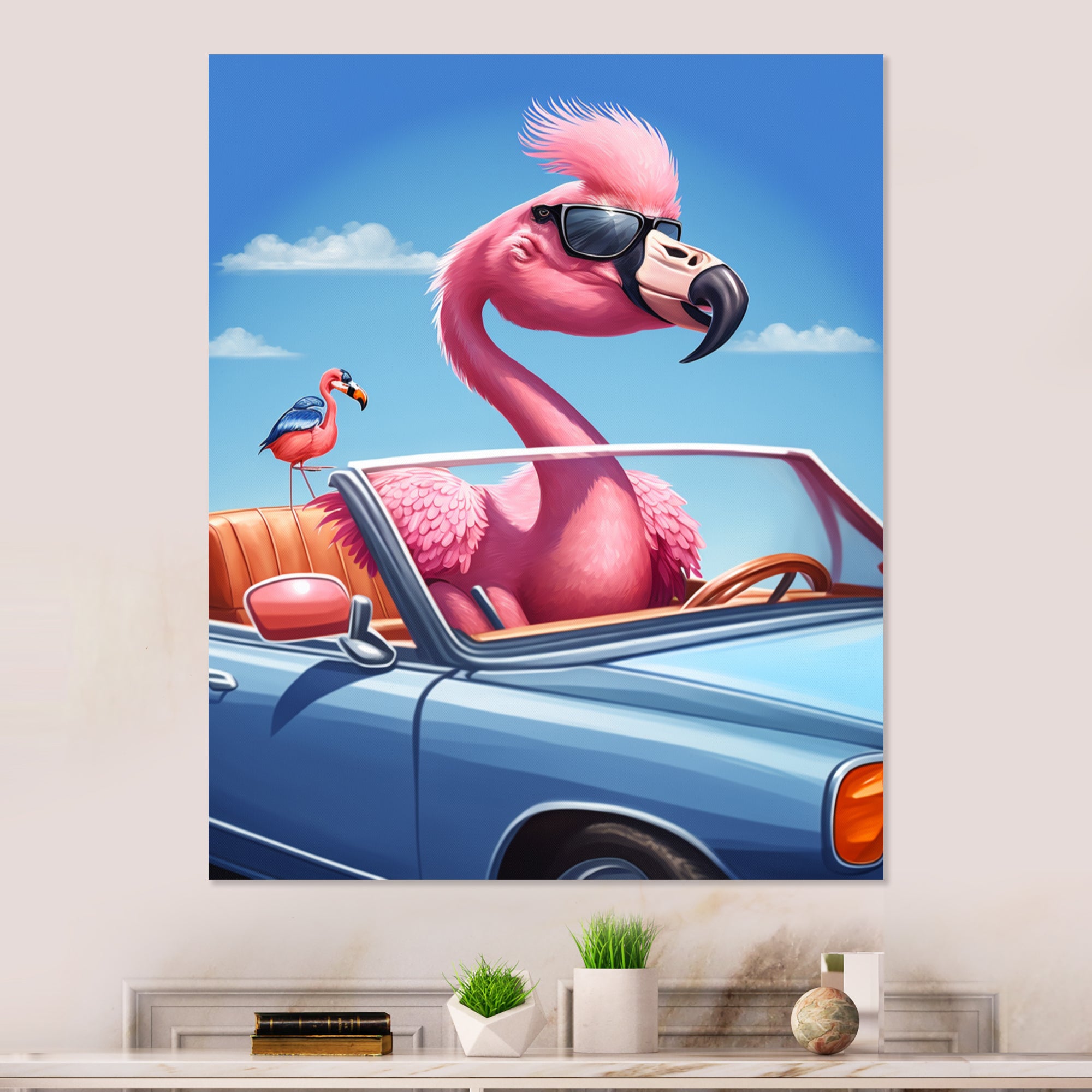 Pink Flamingo Wearing Sunglasses In Sportscar - Flamingo Canvas Wall Art