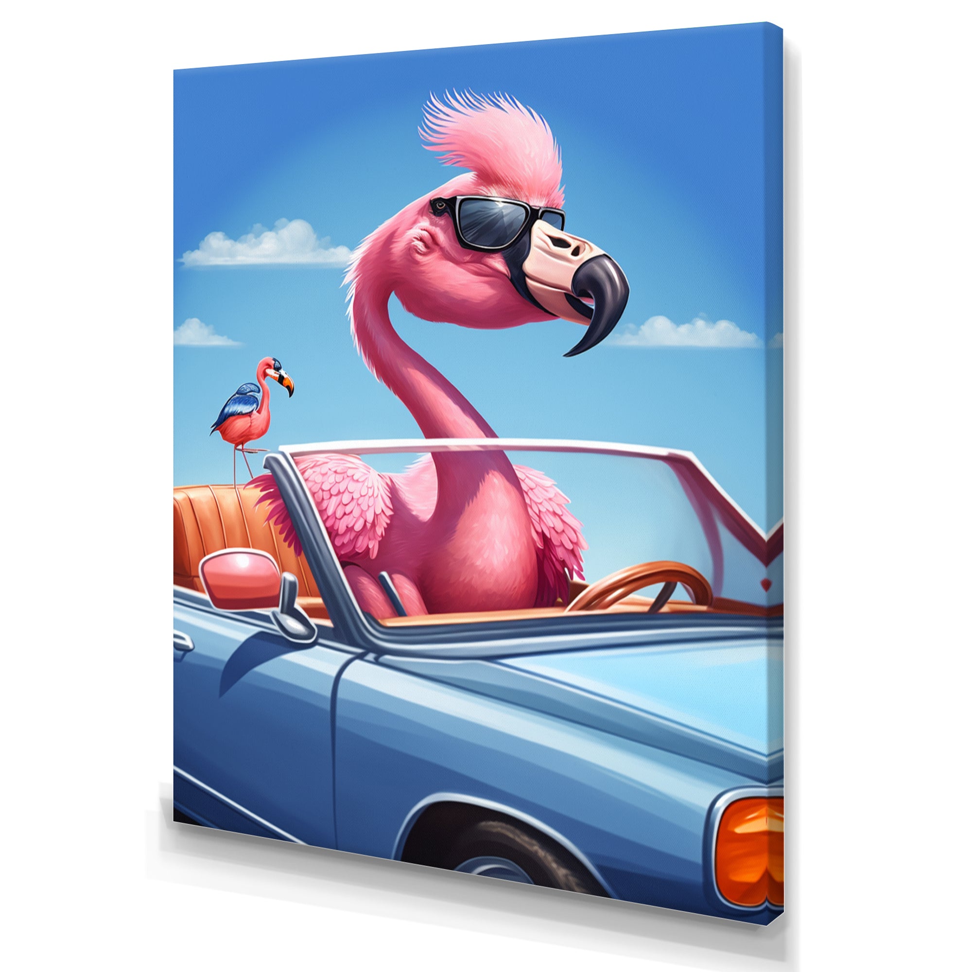 Pink Flamingo Wearing Sunglasses In Sportscar - Flamingo Canvas Wall Art