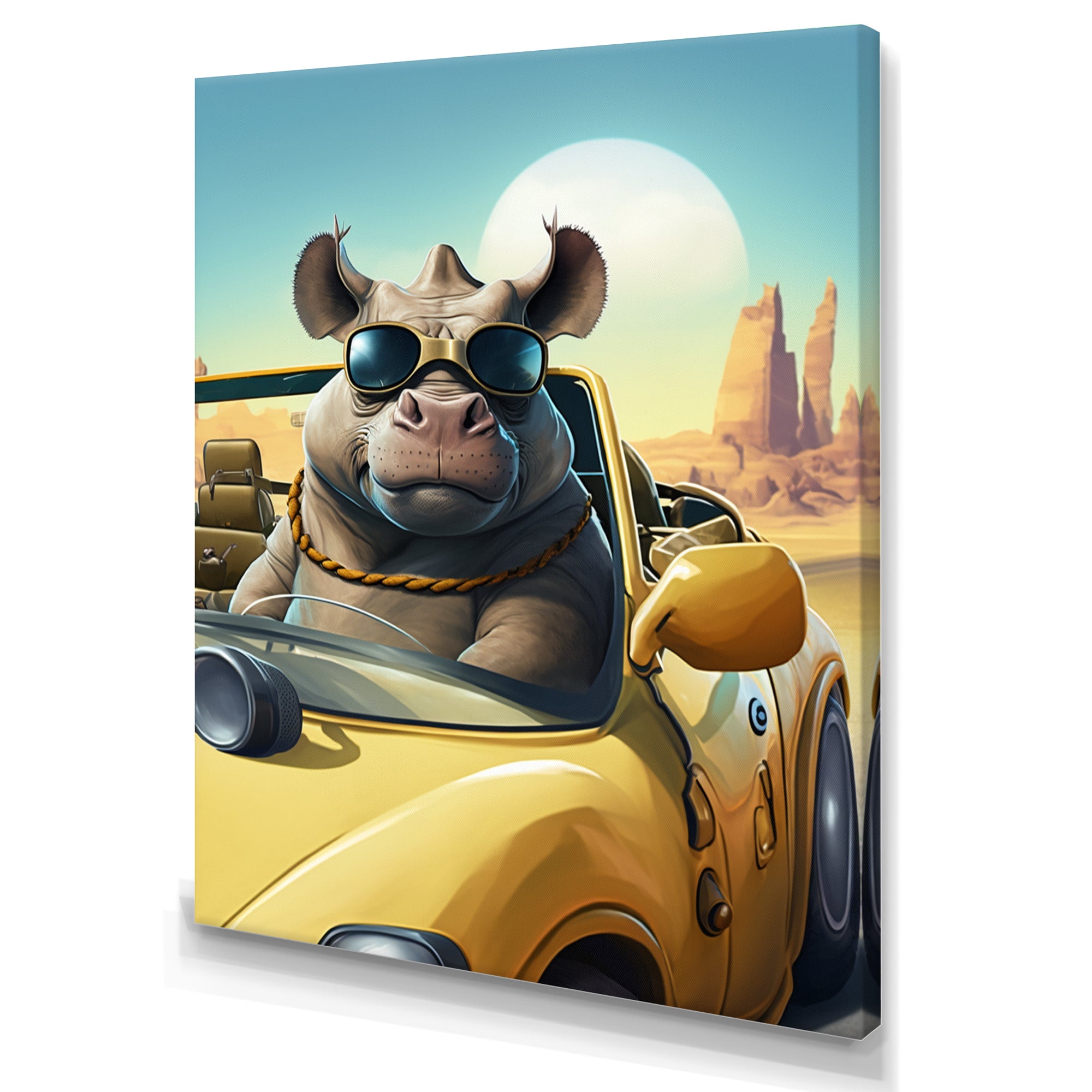 Grey Rhino Wearing Sunglasses In Sportscar - Rhino Wall Decor